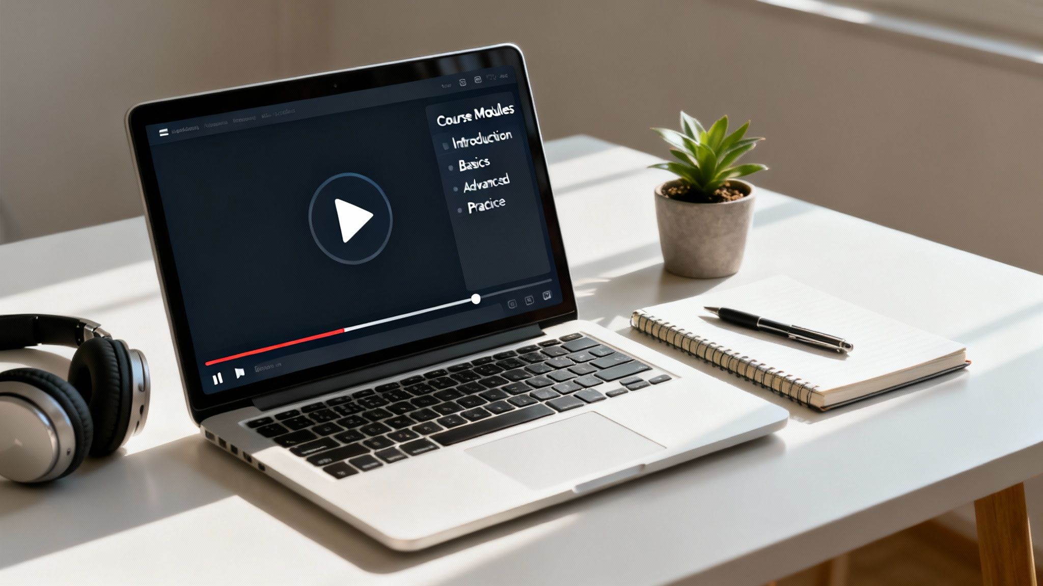 Online course displayed on a laptop with headphones, a plant, and a notebook on a white desk.
