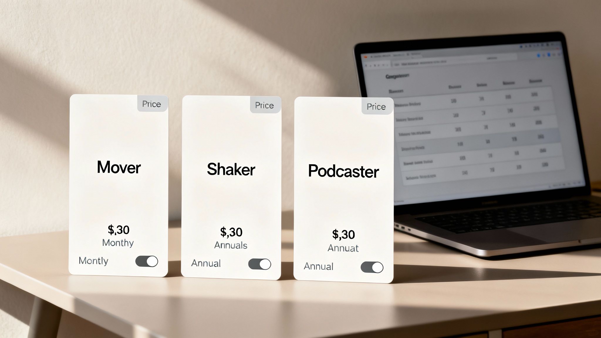 Three price comparison cards for Mover, Shaker, and Podcaster subscriptions on a desk with a laptop.