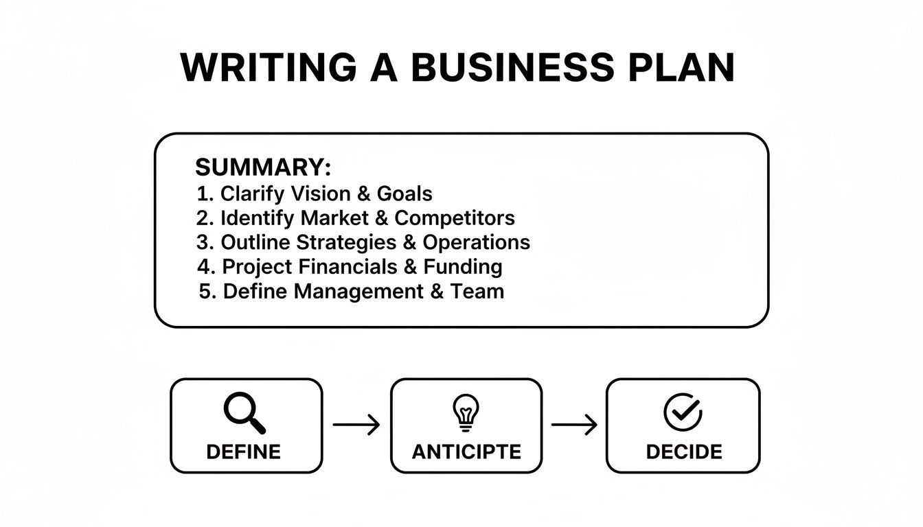 A visual guide outlining the key steps for writing a business plan, from defining to deciding.