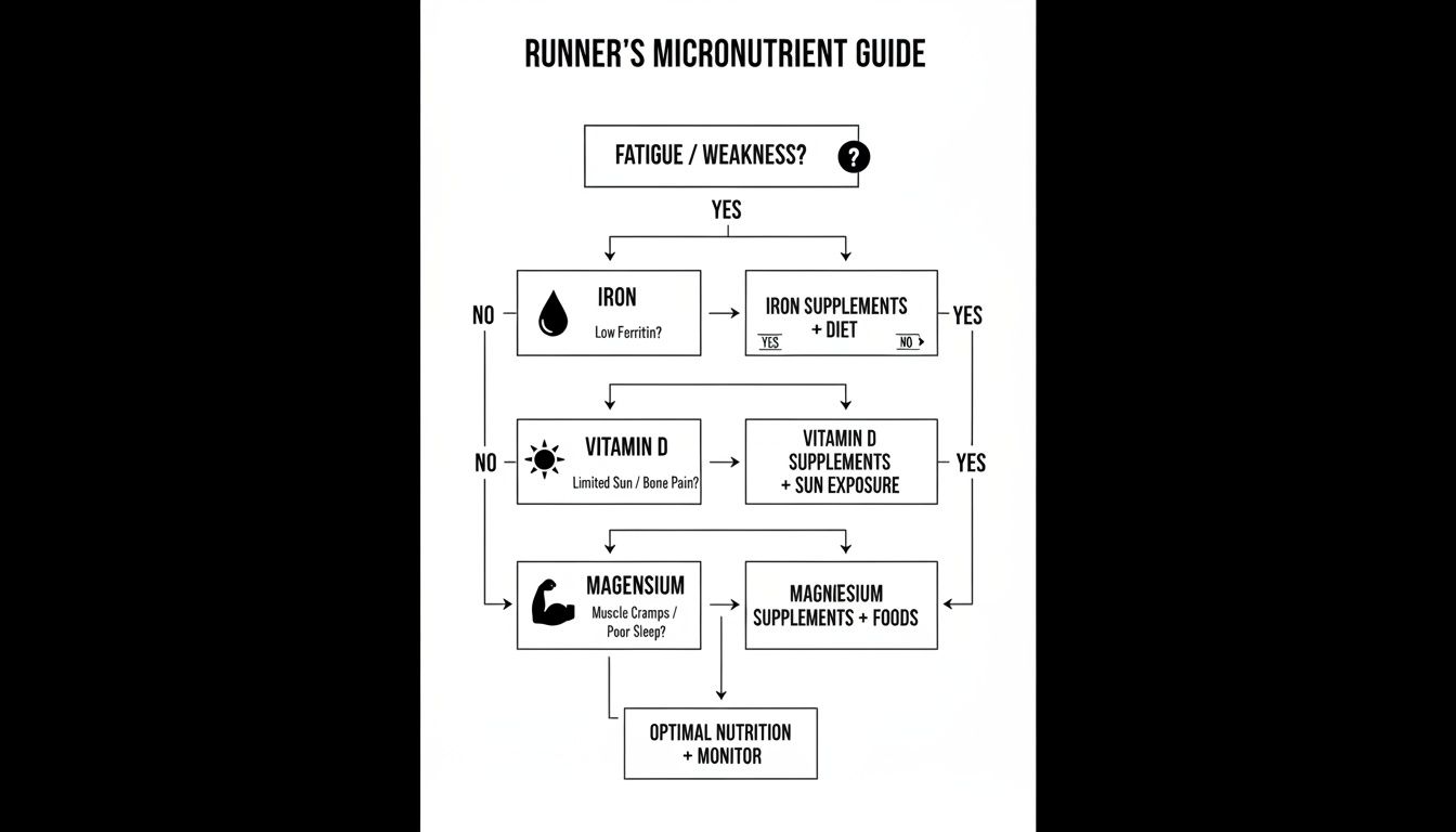 Flowchart guiding runners to identify and address micronutrient deficiencies like iron, vitamin D, and magnesium.