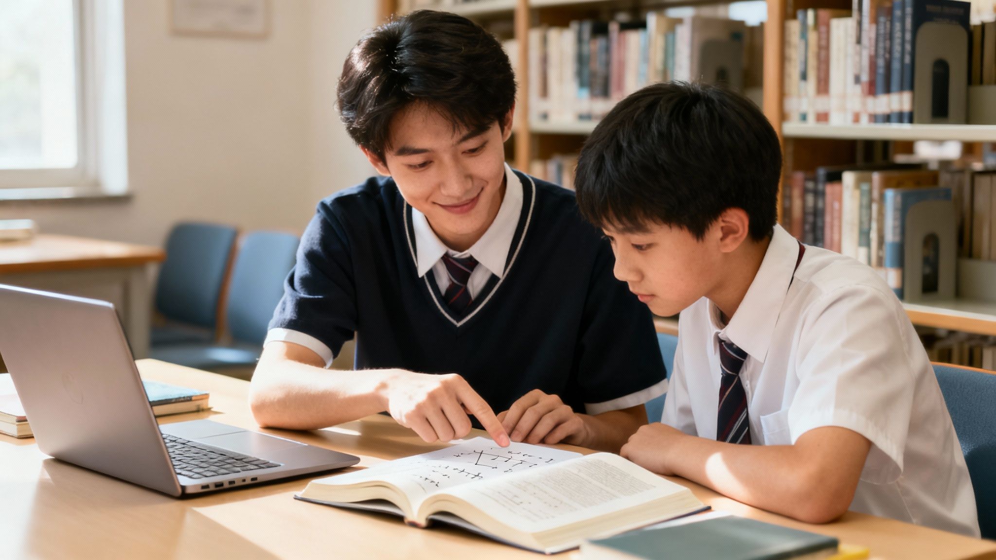 Two Asian students study together in a library, one pointing at an open textbook.
