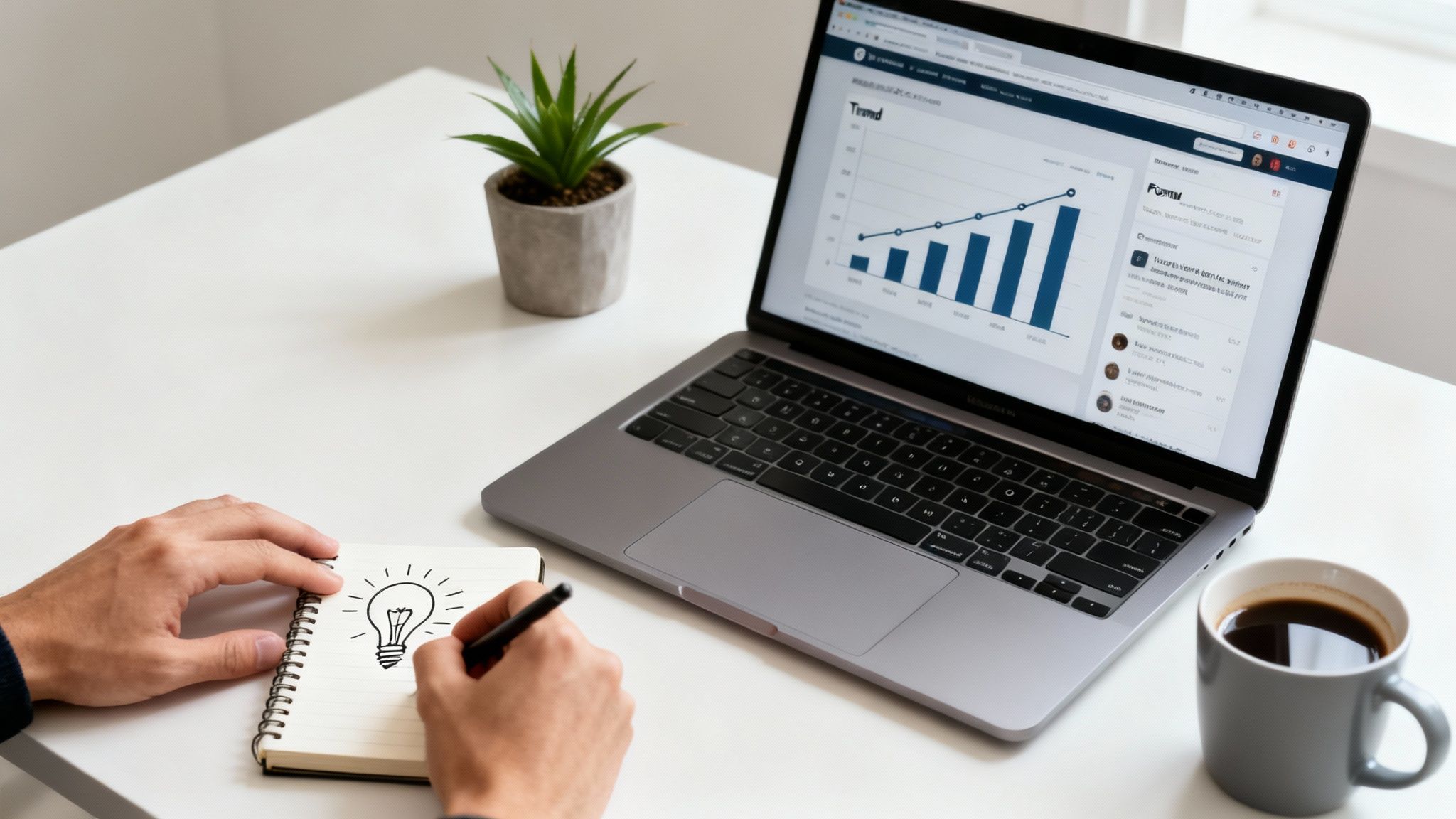 A person brainstorming a business idea, writing in a notebook with a lightbulb drawing next to a laptop displaying charts and a cup of coffee.