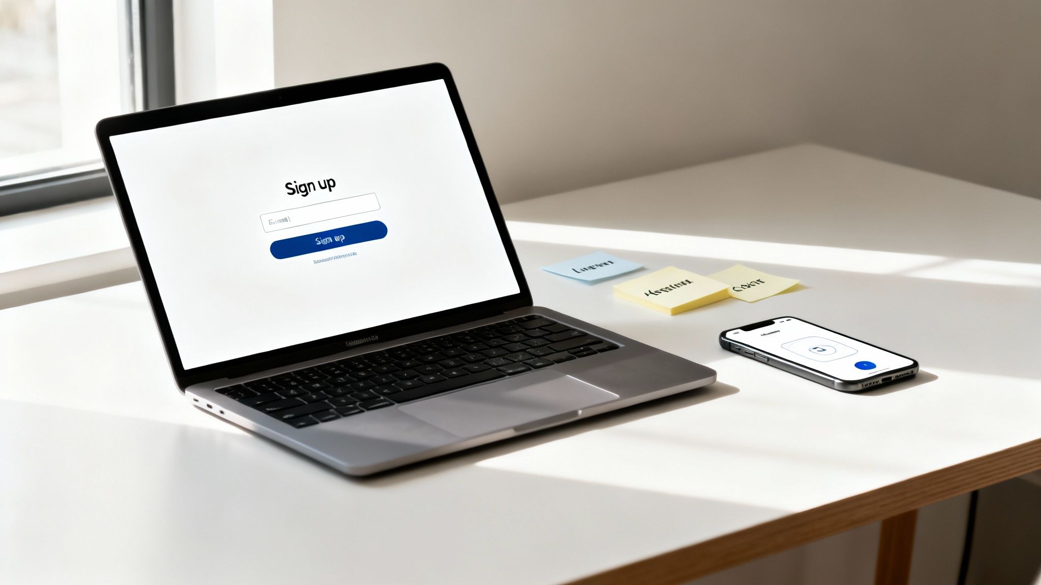 A laptop with a sign-up screen, a smartphone, and sticky notes on a sunlit white desk.