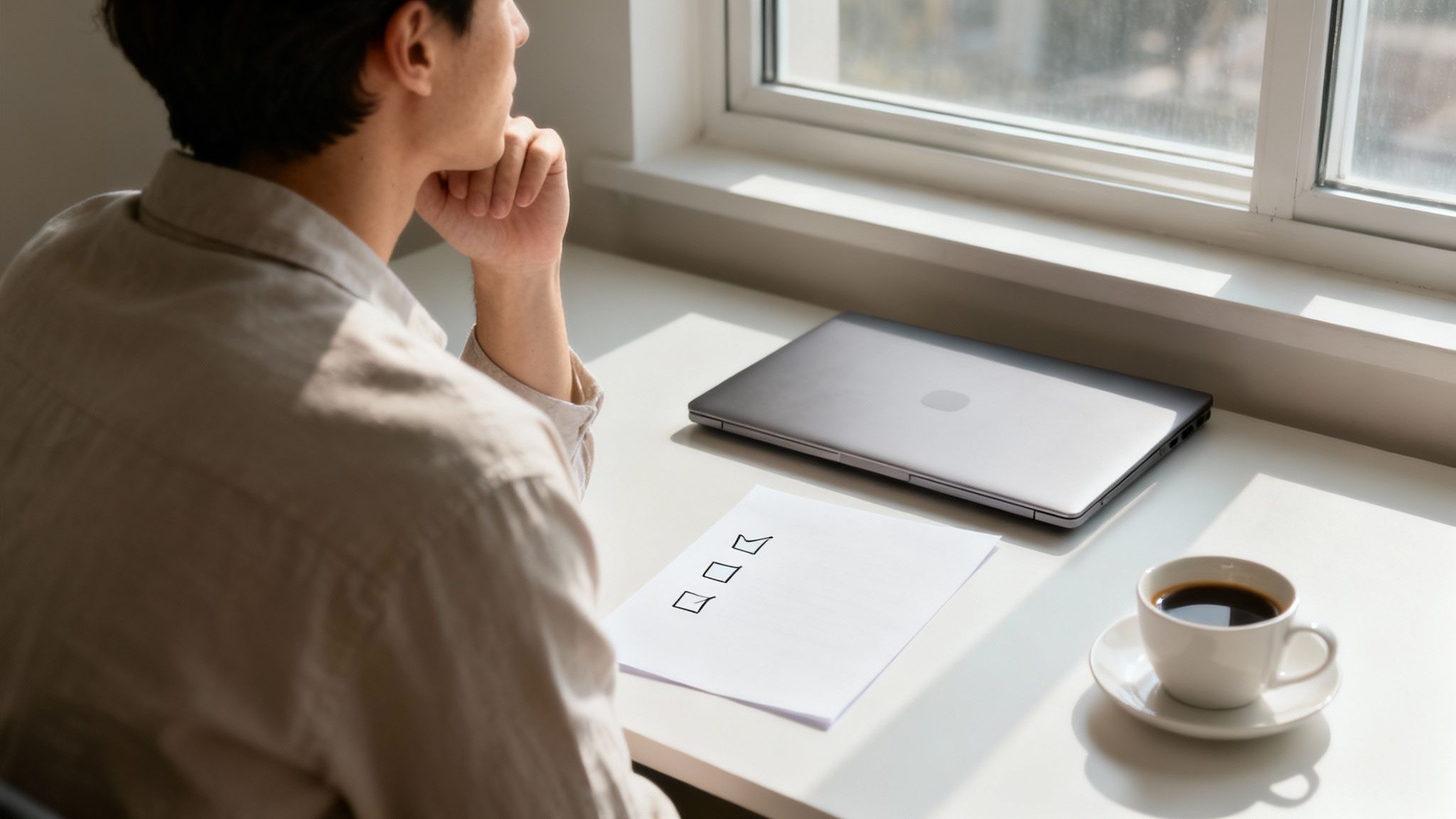 Professional woman contemplating checklist at desk with laptop and coffee by window