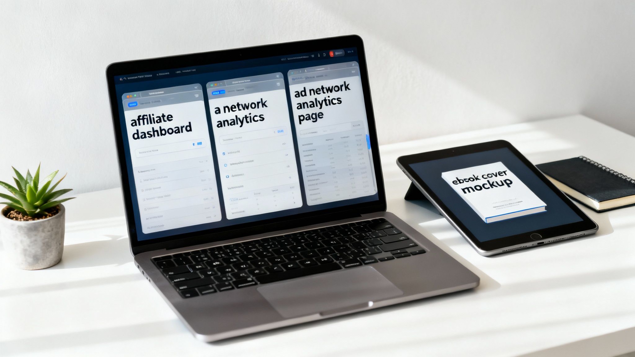 Modern workspace with a laptop displaying business analytics and a tablet showing an ebook mockup.