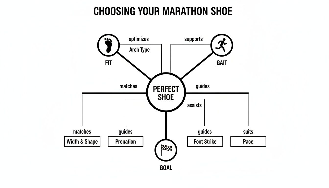 A diagram illustrating factors for choosing the perfect marathon shoe, including fit, gait, and running goals.