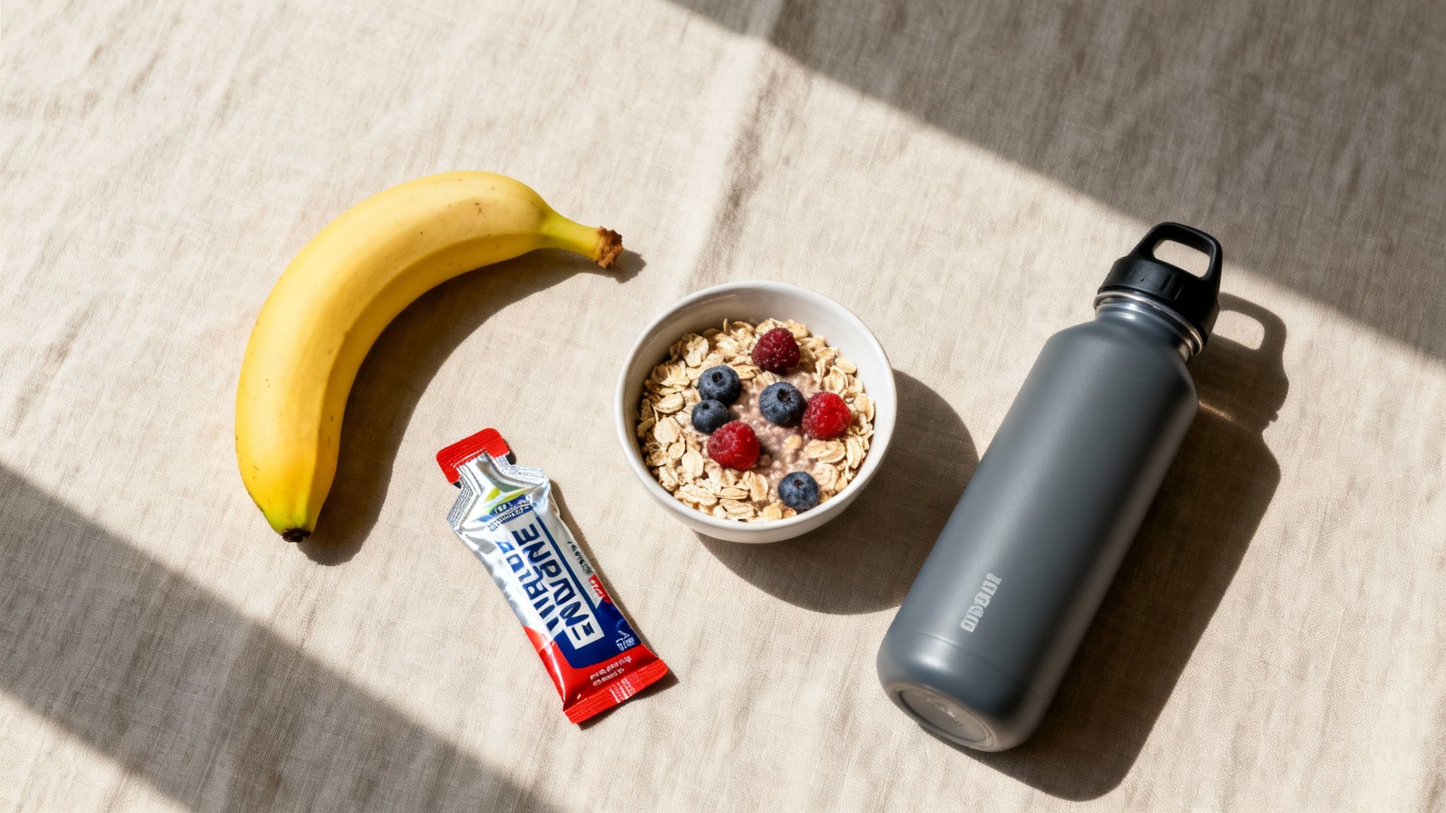 A healthy pre-workout meal: banana, oatmeal with berries, energy gel, and water bottle.