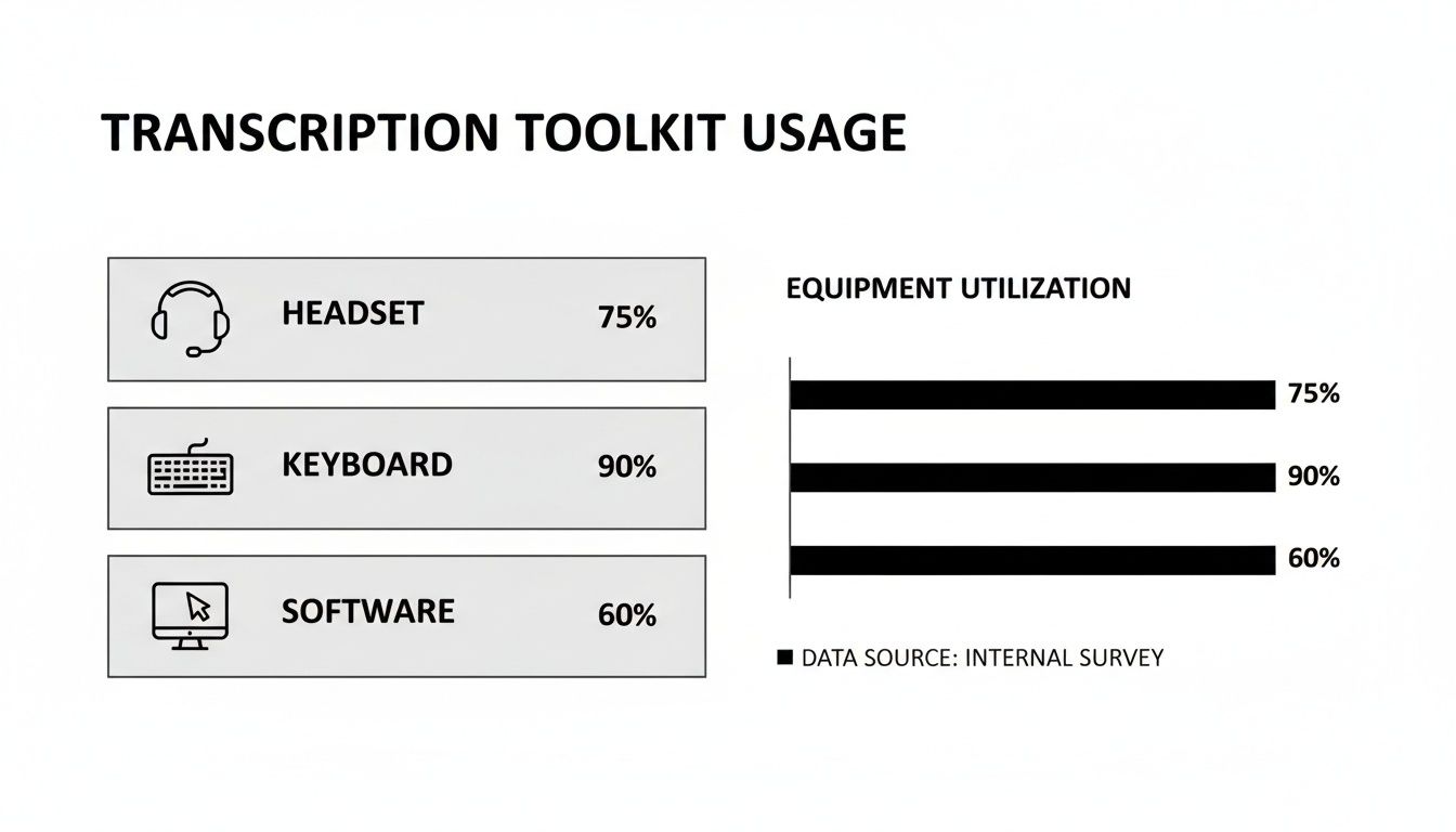 Bar chart illustrating transcription toolkit usage: Headset 75%, Keyboard 90%, Software 60%, based on an internal survey.