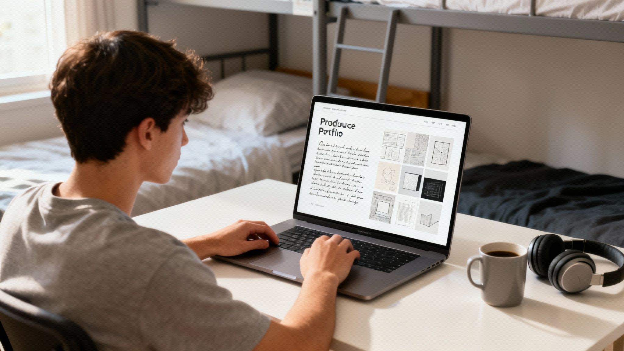 A student types on a laptop, working on a digital portfolio in a dorm room with bunk beds.