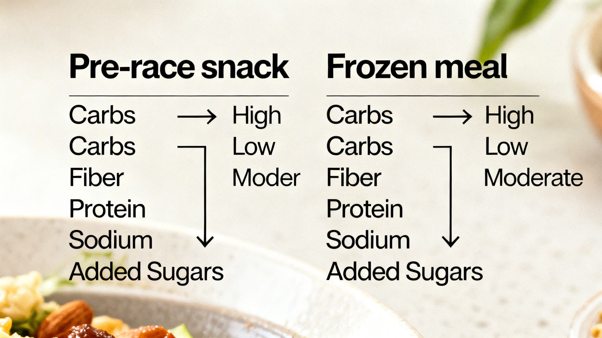 Nutritional guidelines for pre-race snacks and frozen meals, recommending high carbs and low/moderate fiber, protein, sodium, and added sugars.