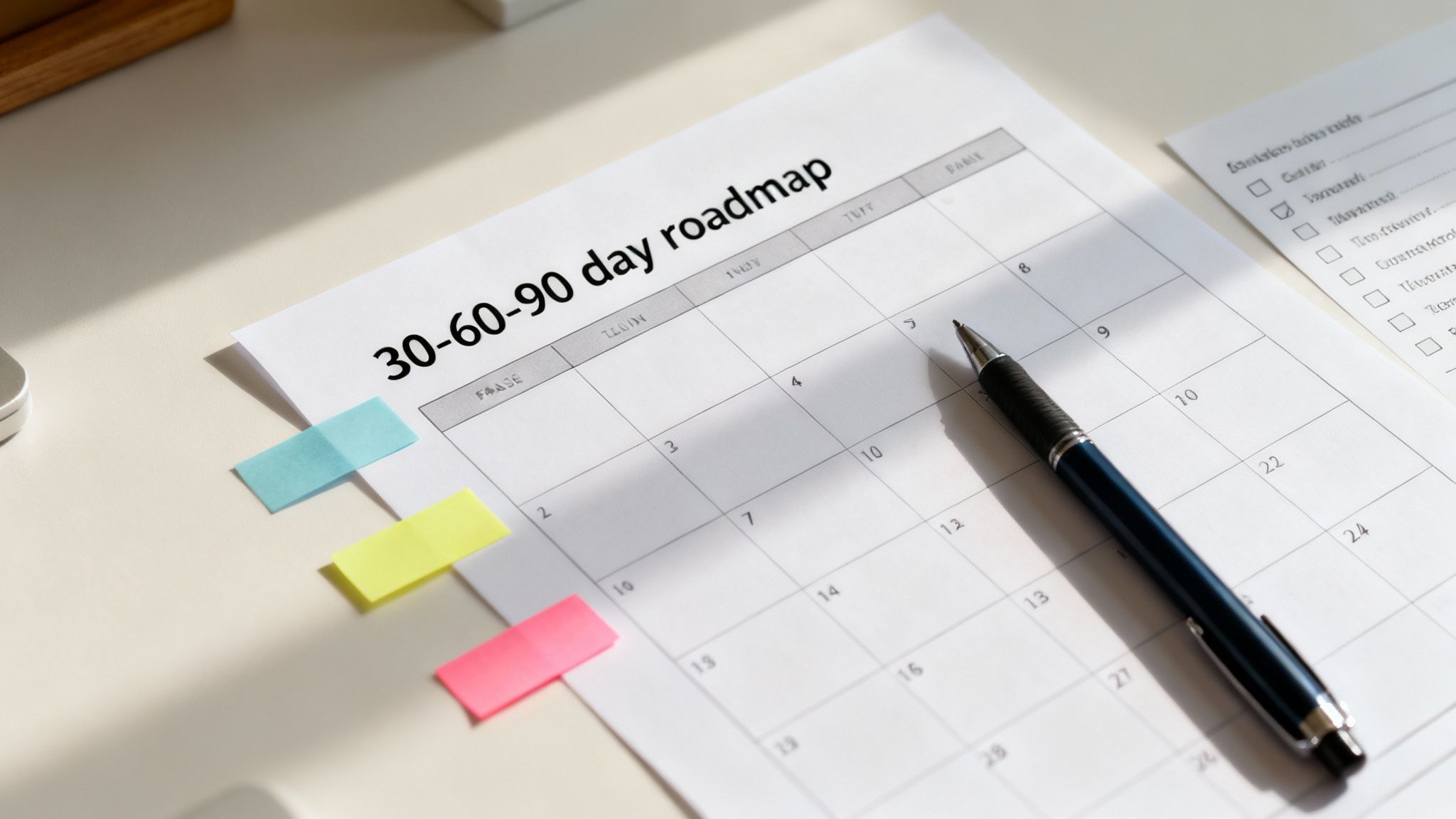 A 30-60-90 day roadmap document with a pen and colorful sticky notes on a white desk.