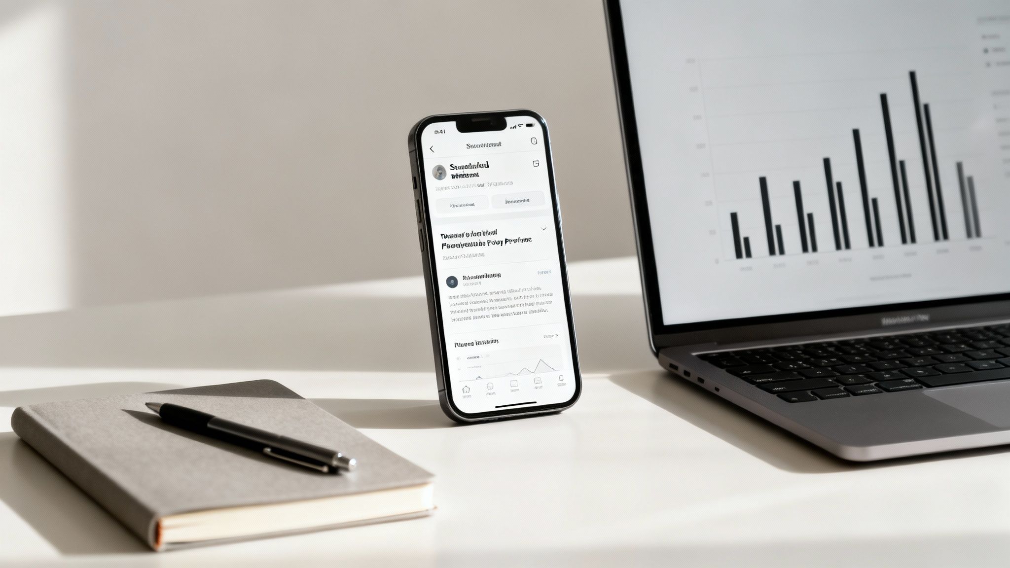 A modern workspace featuring a laptop with a graph, a smartphone, and a notepad with a pen.