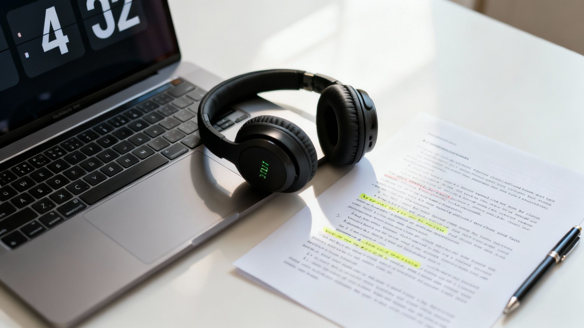 Overhead shot of a workspace with a laptop, headphones, a document with highlights, and a pen.