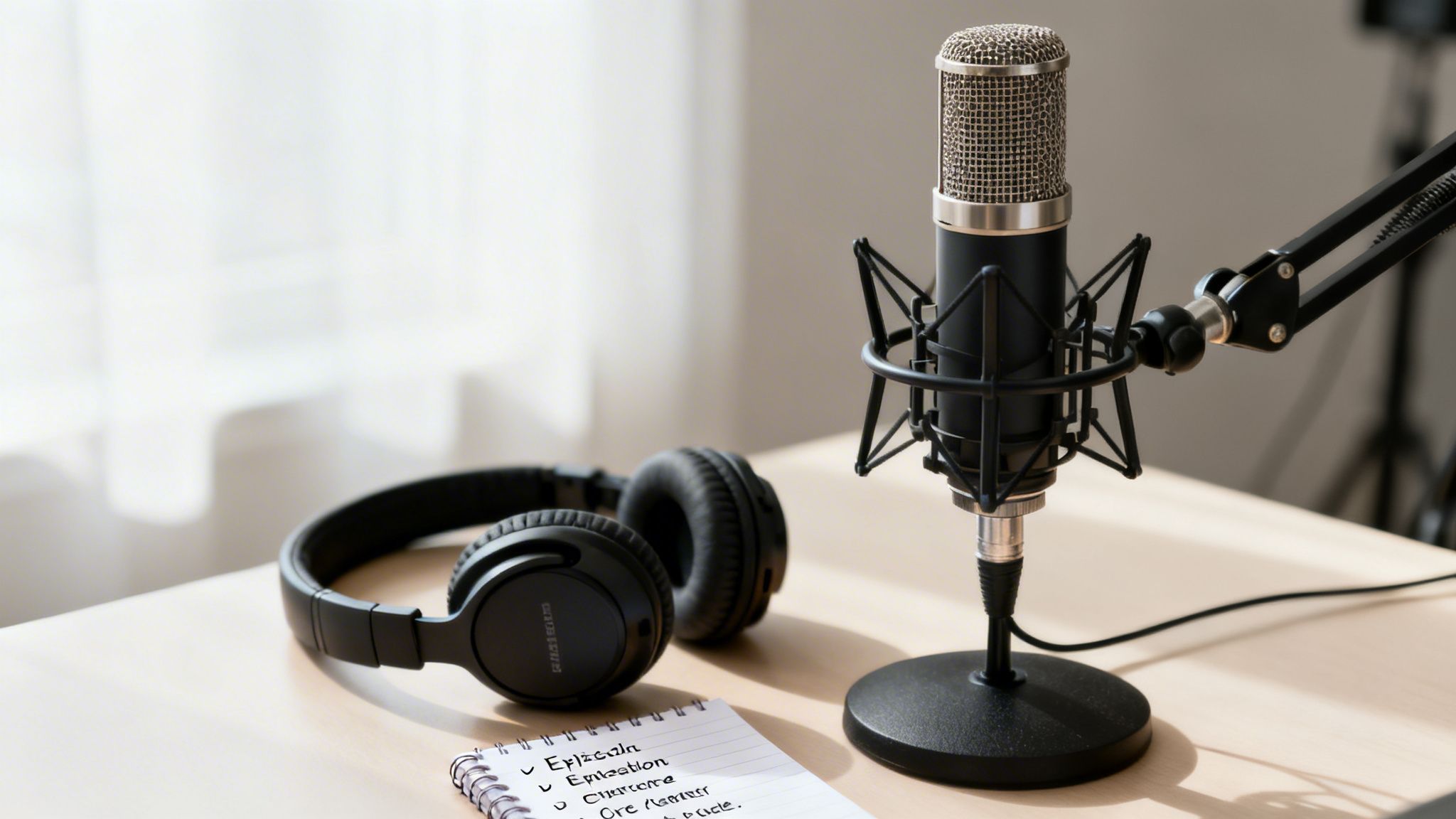 A professional podcast recording setup with a condenser microphone, headphones, and a notebook on a light wooden desk.