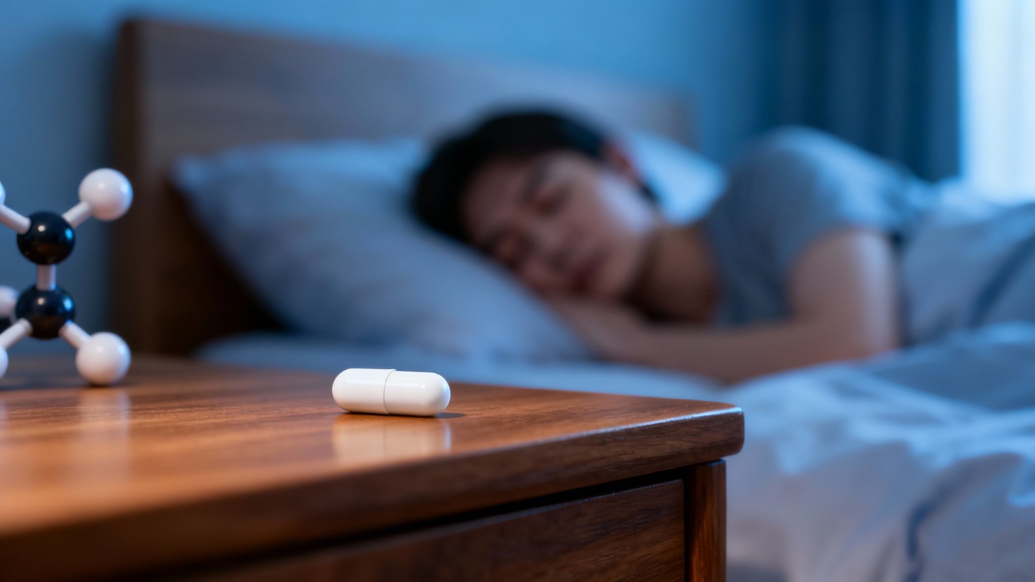 A white capsule pill and molecular model on a nightstand next to a sleeping person.