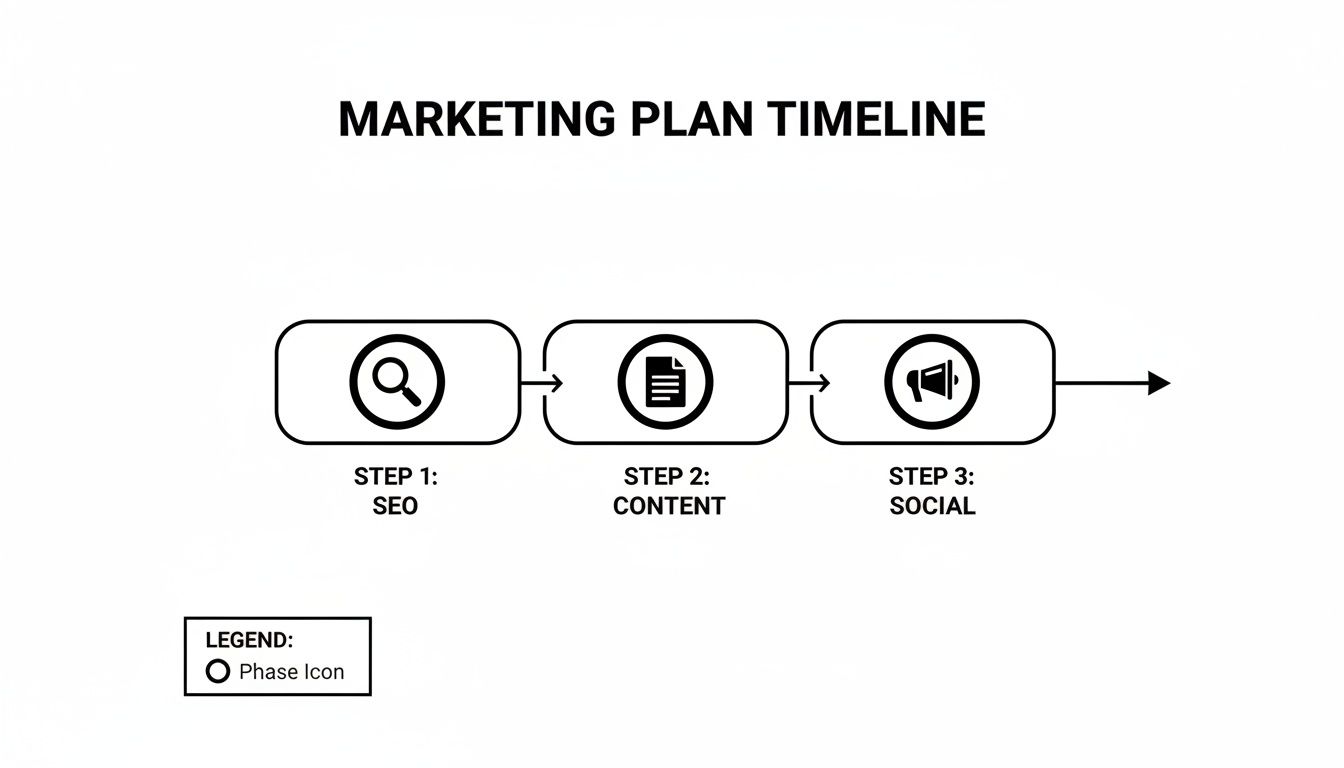 A marketing plan timeline infographic showing three sequential steps: <a href=