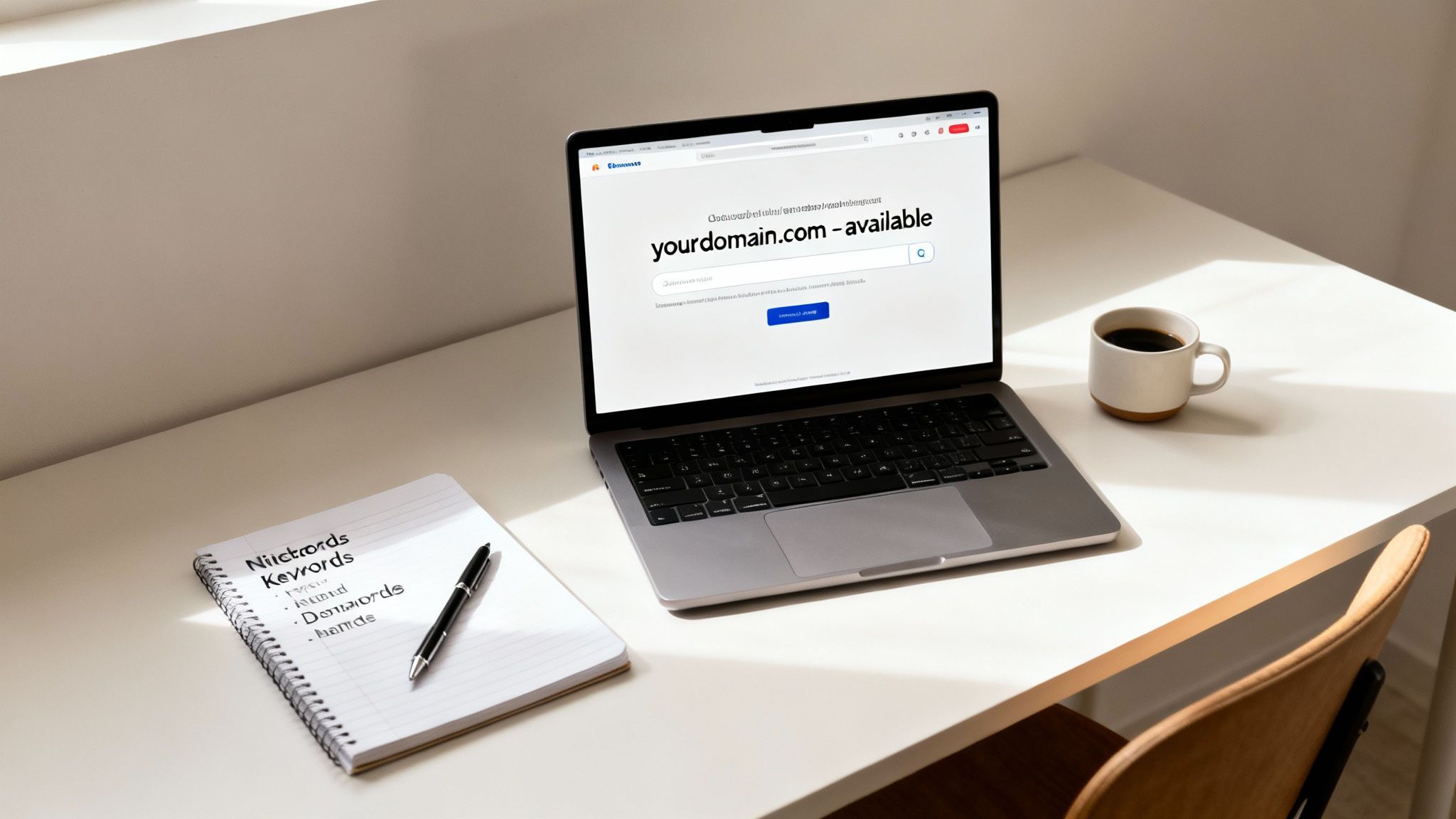 A laptop displays "yourdomain.com - available" with a notebook of keywords and a coffee cup on a desk.