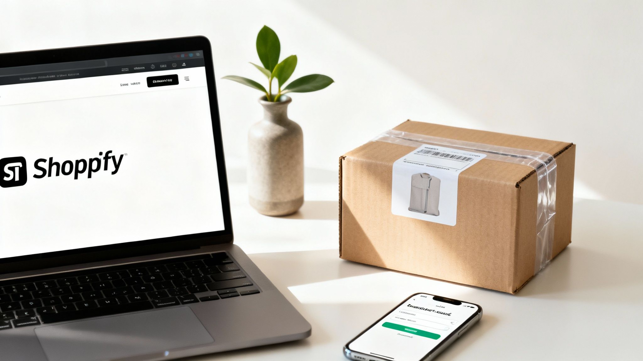 Work-from-home e-commerce setup with a Shopify laptop, shipping box, and smartphone on a clean desk.