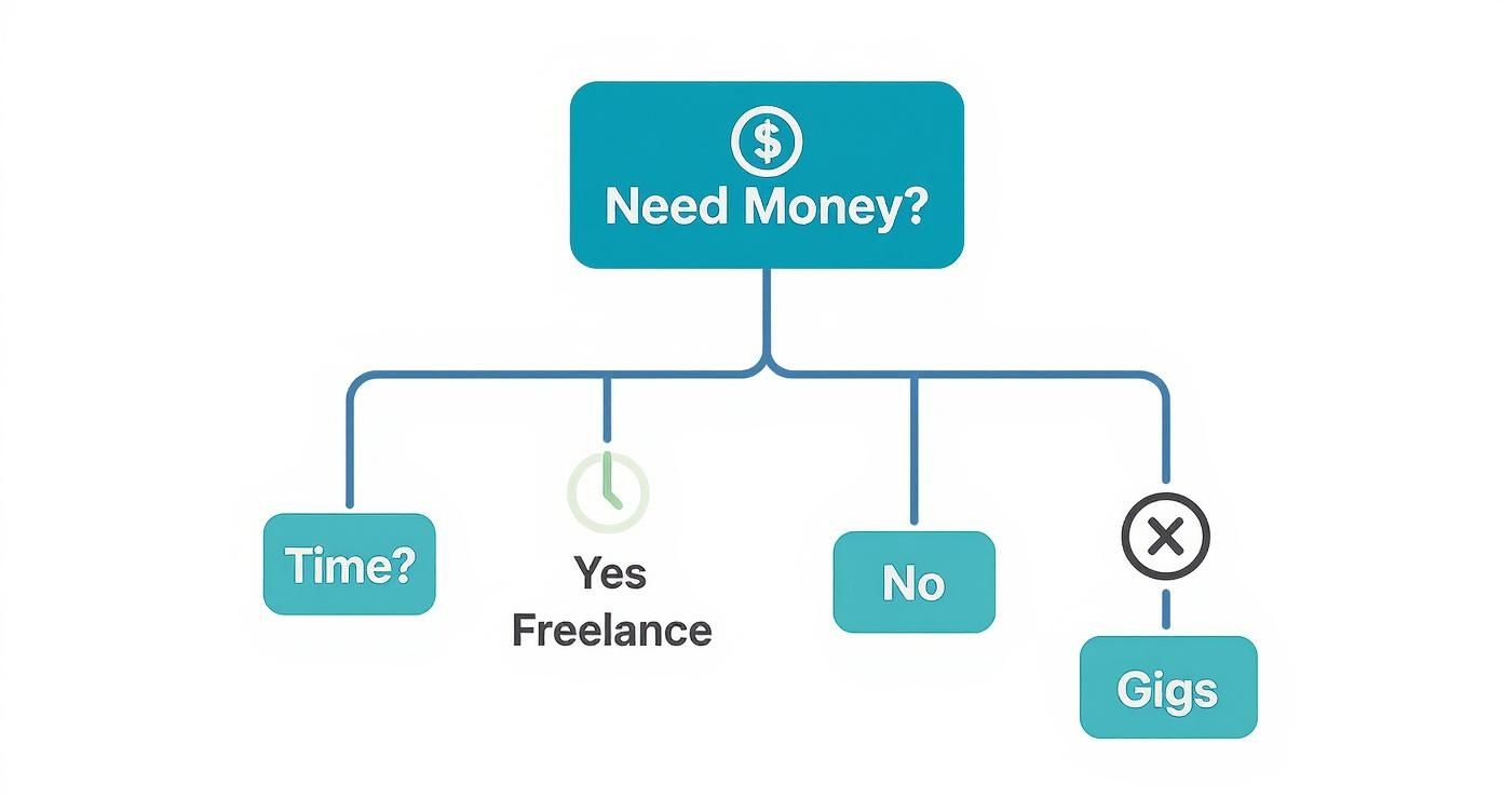 A flowchart titled 'Need Money?' showing options: 'Time?', 'Yes Freelance', 'No', and 'Gigs'.