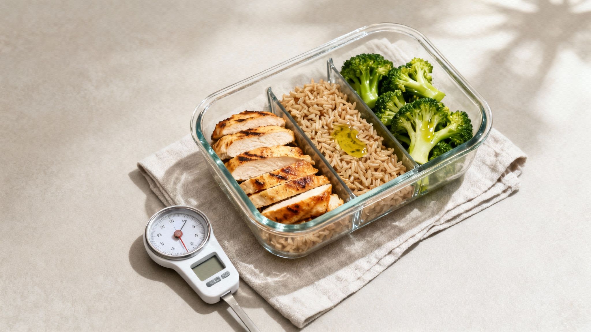 A healthy meal prep container with grilled chicken, brown rice, and broccoli, beside a food thermometer.