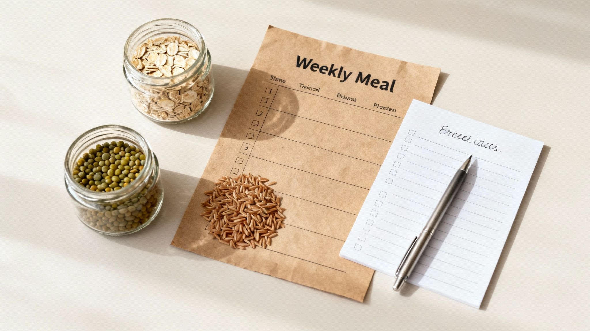 Overhead shot of a healthy weekly meal planner, grocery list, pen, and jars of grains.