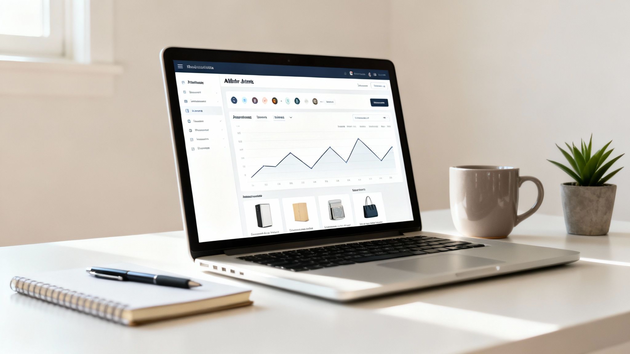 Laptop displaying an affiliate marketing dashboard on a bright desk with a notebook, coffee, and plant.