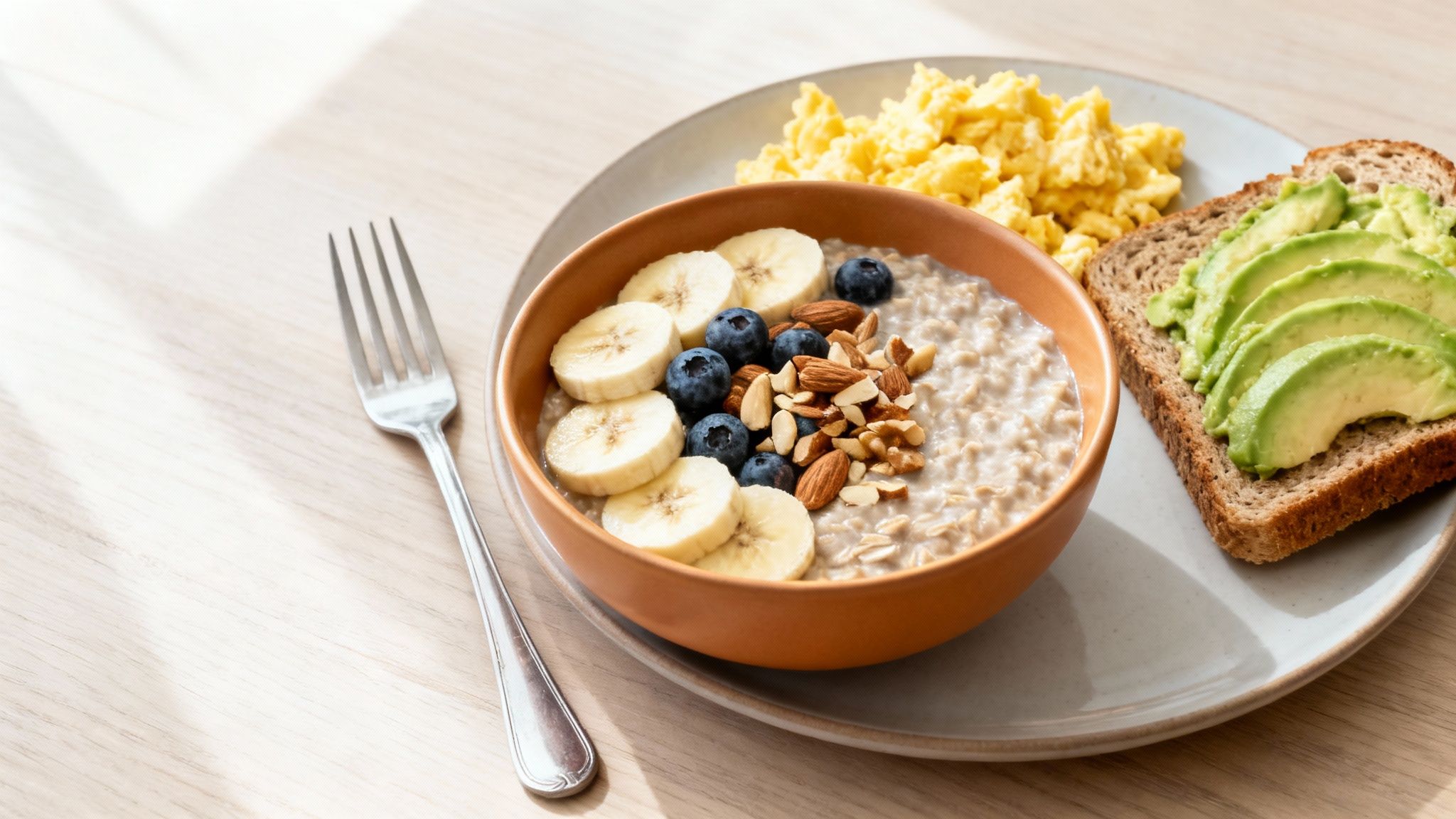 A healthy breakfast with oatmeal topped with fruits and nuts, scrambled eggs, and avocado toast.
