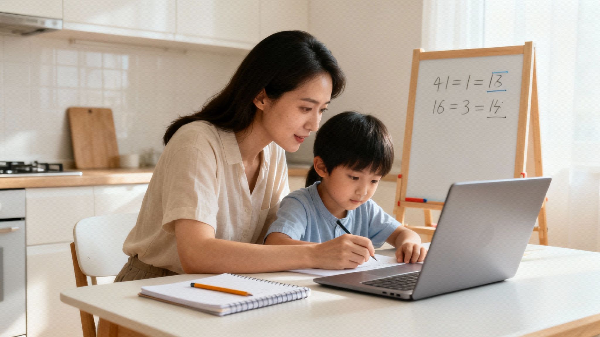 An Asian mother helps her young son with his schoolwork at a desk with a laptop.