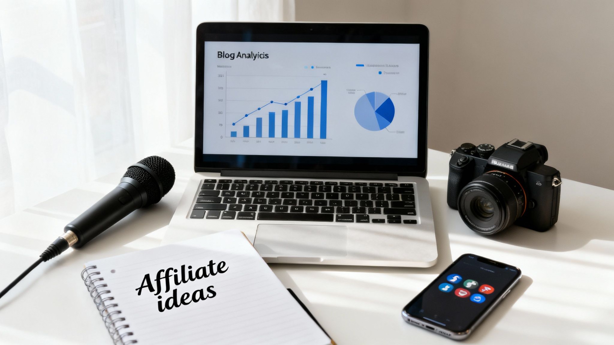 A desk setup with a laptop displaying blog analytics, a microphone, camera, and 'Affiliate ideas' notebook.