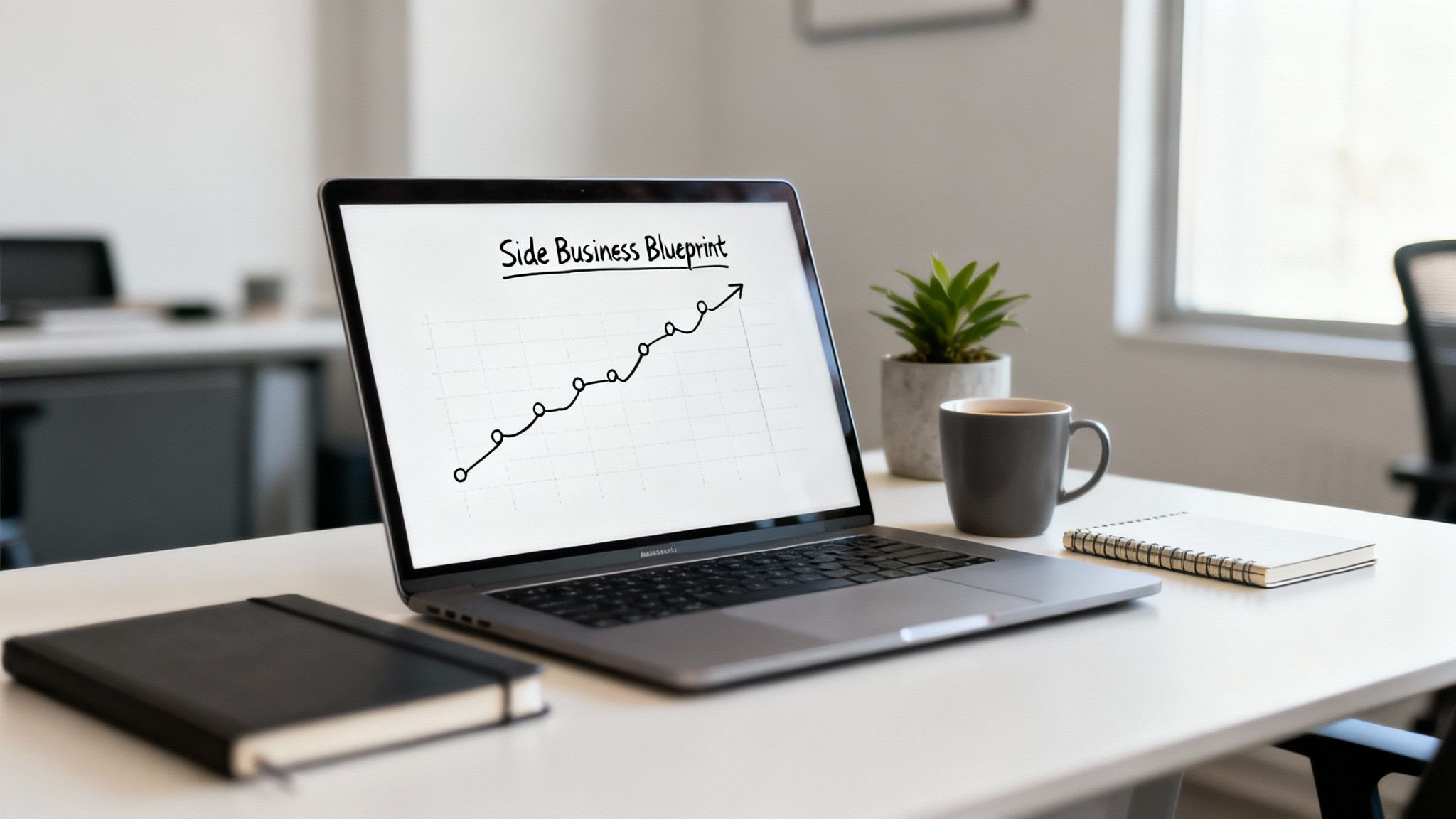 Laptop displays 'Side Business Blueprint' growth graph, with coffee, plant, and notebooks on a desk.