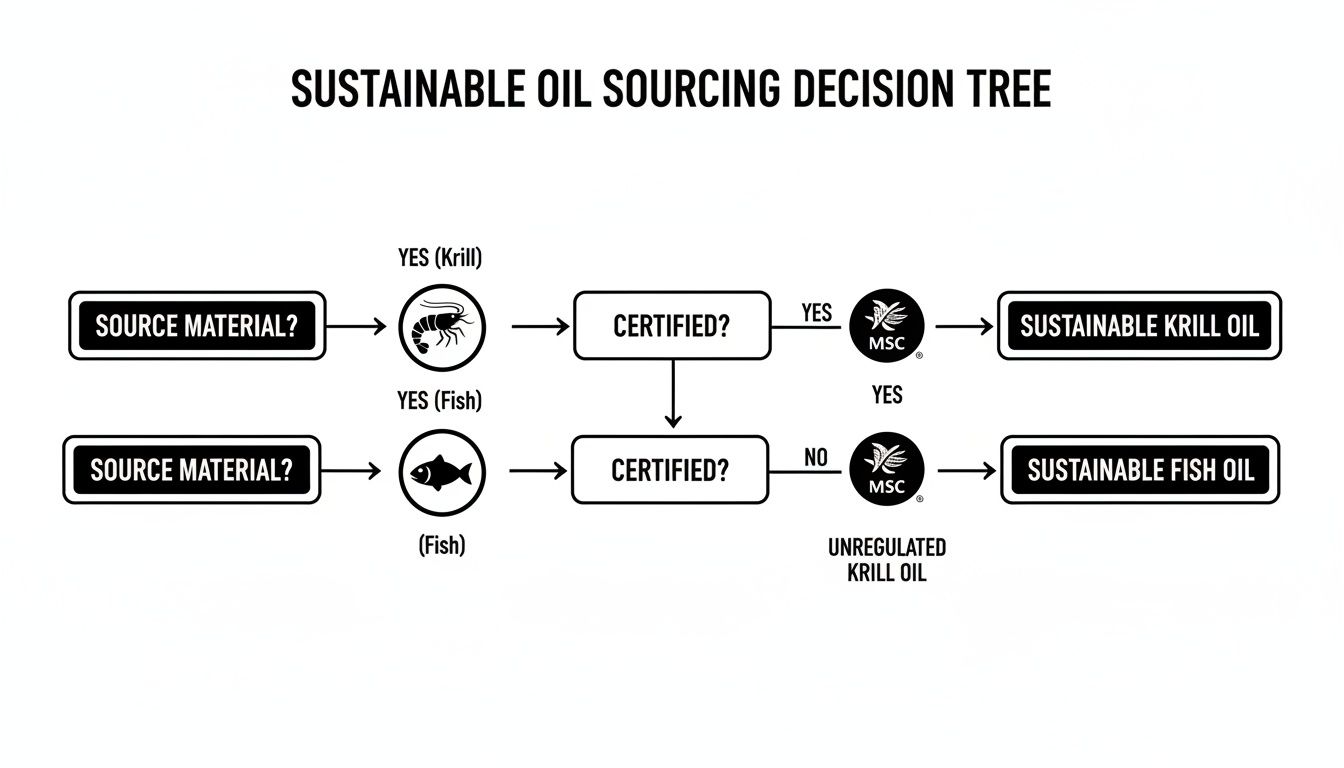 Decision tree for sustainable oil sourcing, differentiating between certified krill and fish oil.