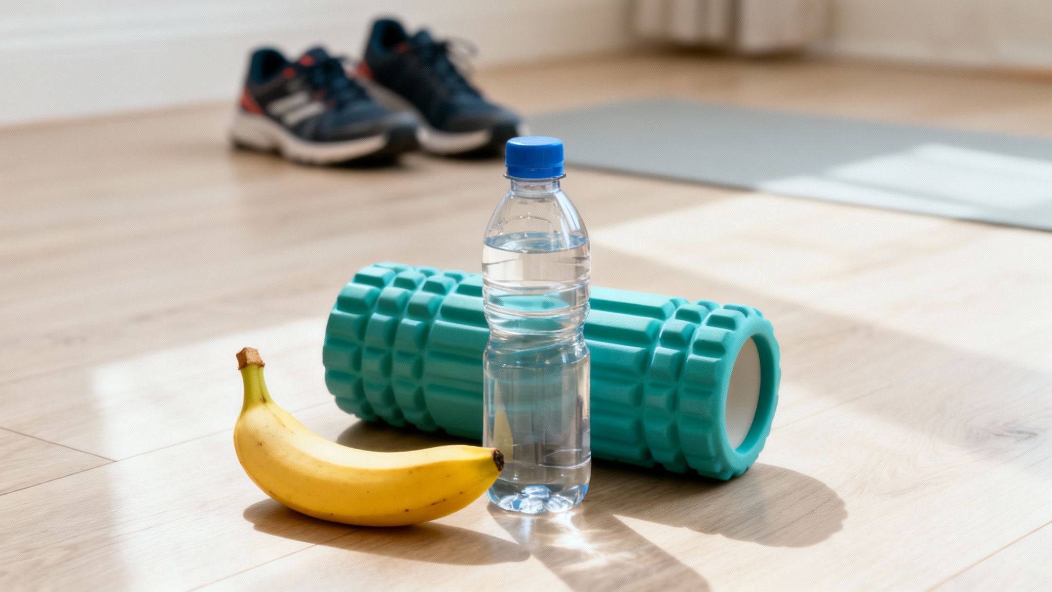 Fitness essentials on a wooden floor: banana, water bottle, foam roller, and running shoes.