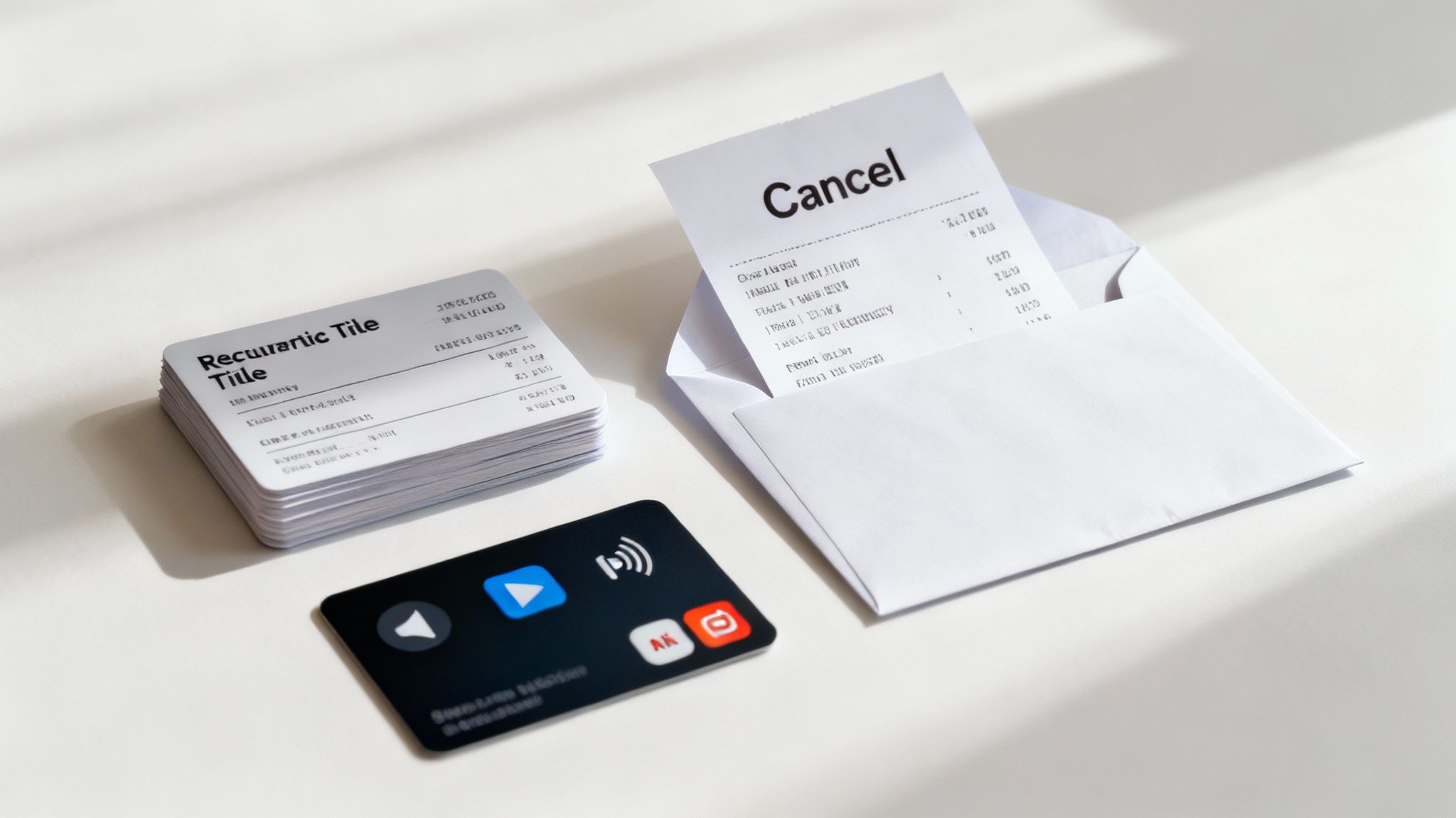 A stack of white cards, a black card with app icons, and a cancellation notice in an envelope.