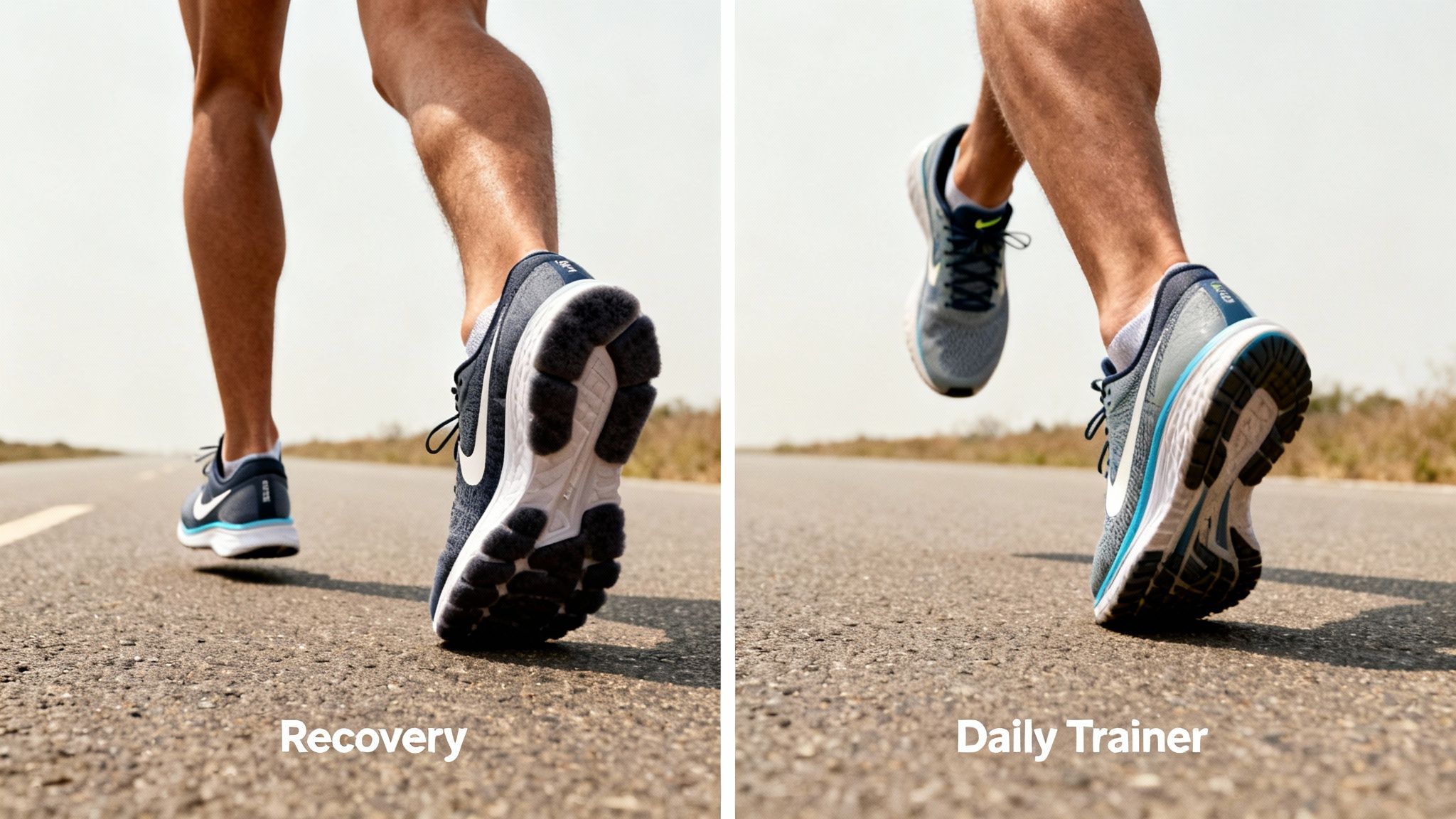Split image of a person running with two different types of shoes: 'Recovery' and 'Daily Trainer'.