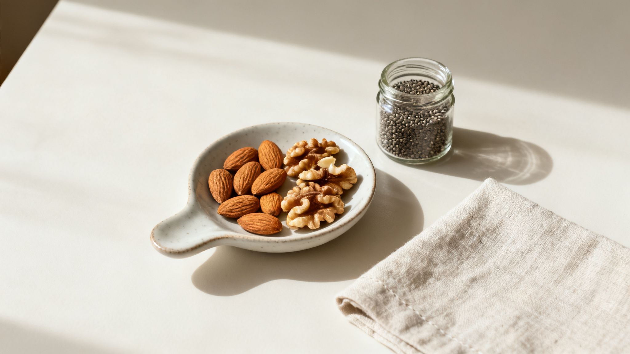 A ceramic bowl holds almonds and walnuts next to a jar of chia seeds and a napkin.