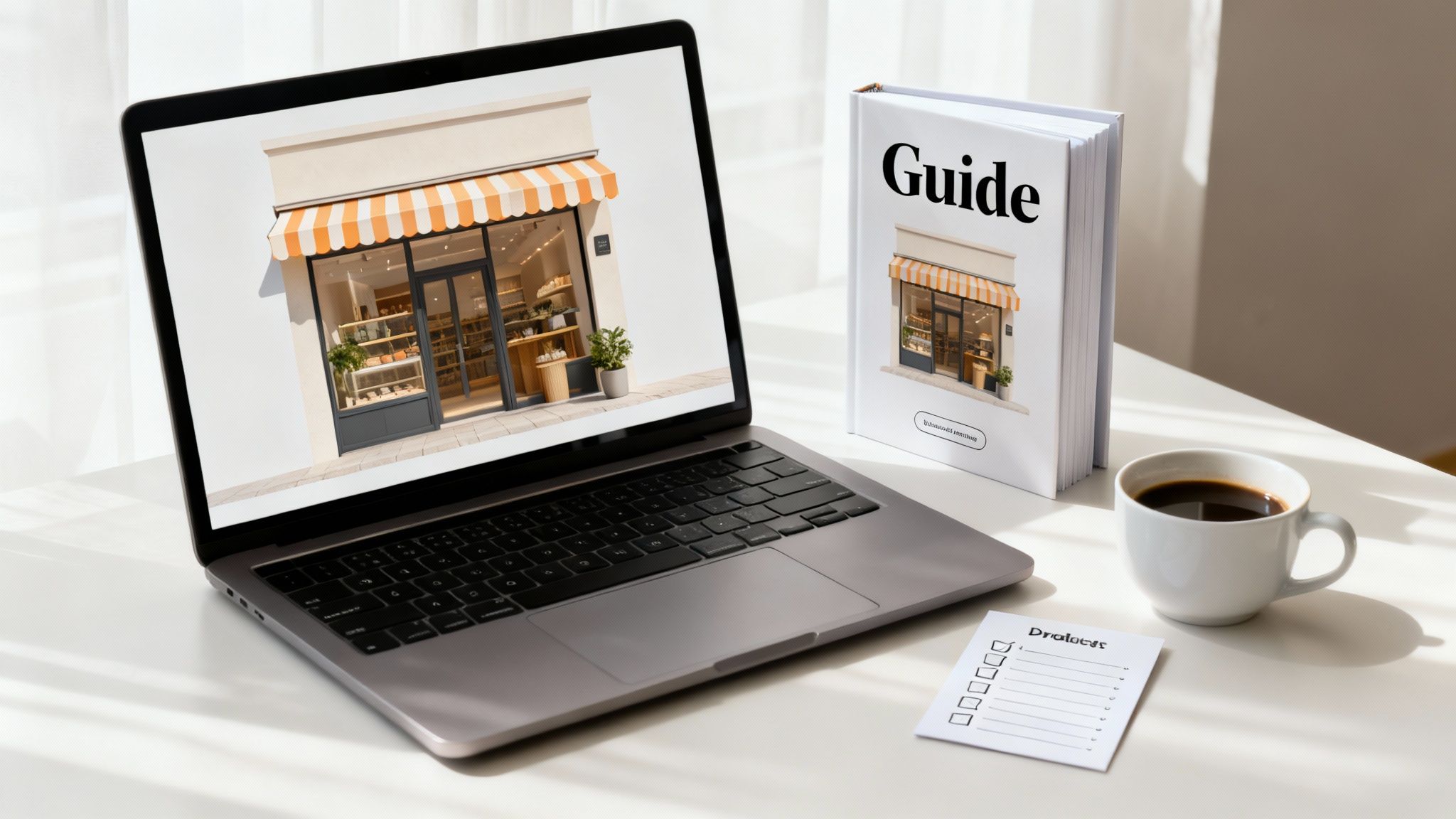 A laptop displaying a small business storefront, a 'Guide' book, coffee, and a checklist on a white desk.