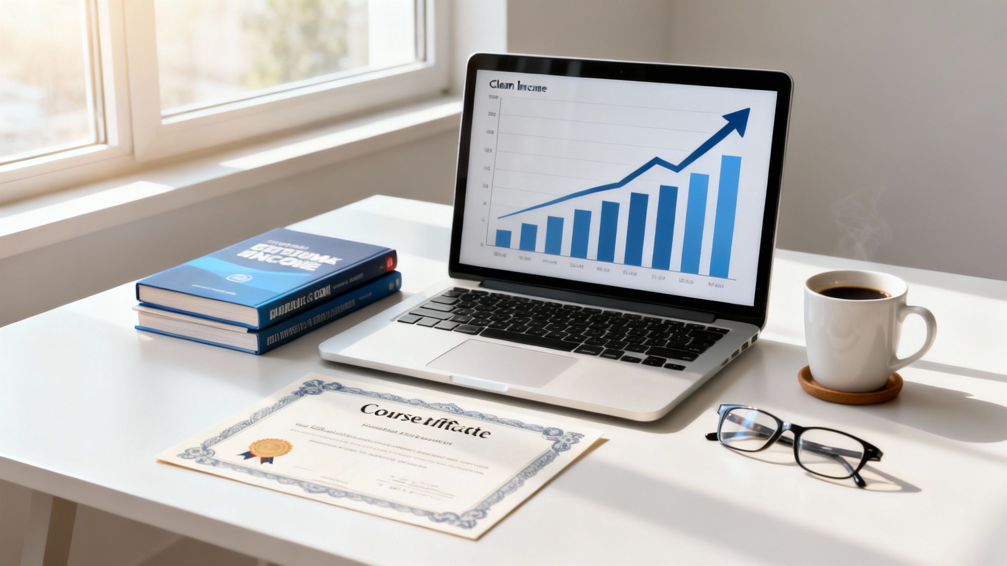 A desk with a laptop showing income growth, books on income, a certificate, coffee, and reading glasses.