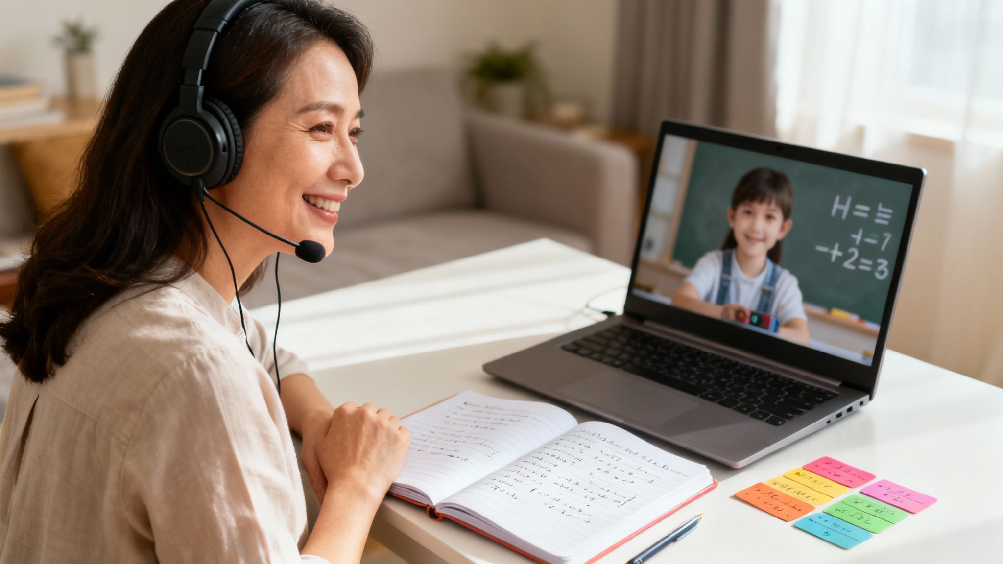 A smiling woman in a headset teaches a young student remotely via a laptop.