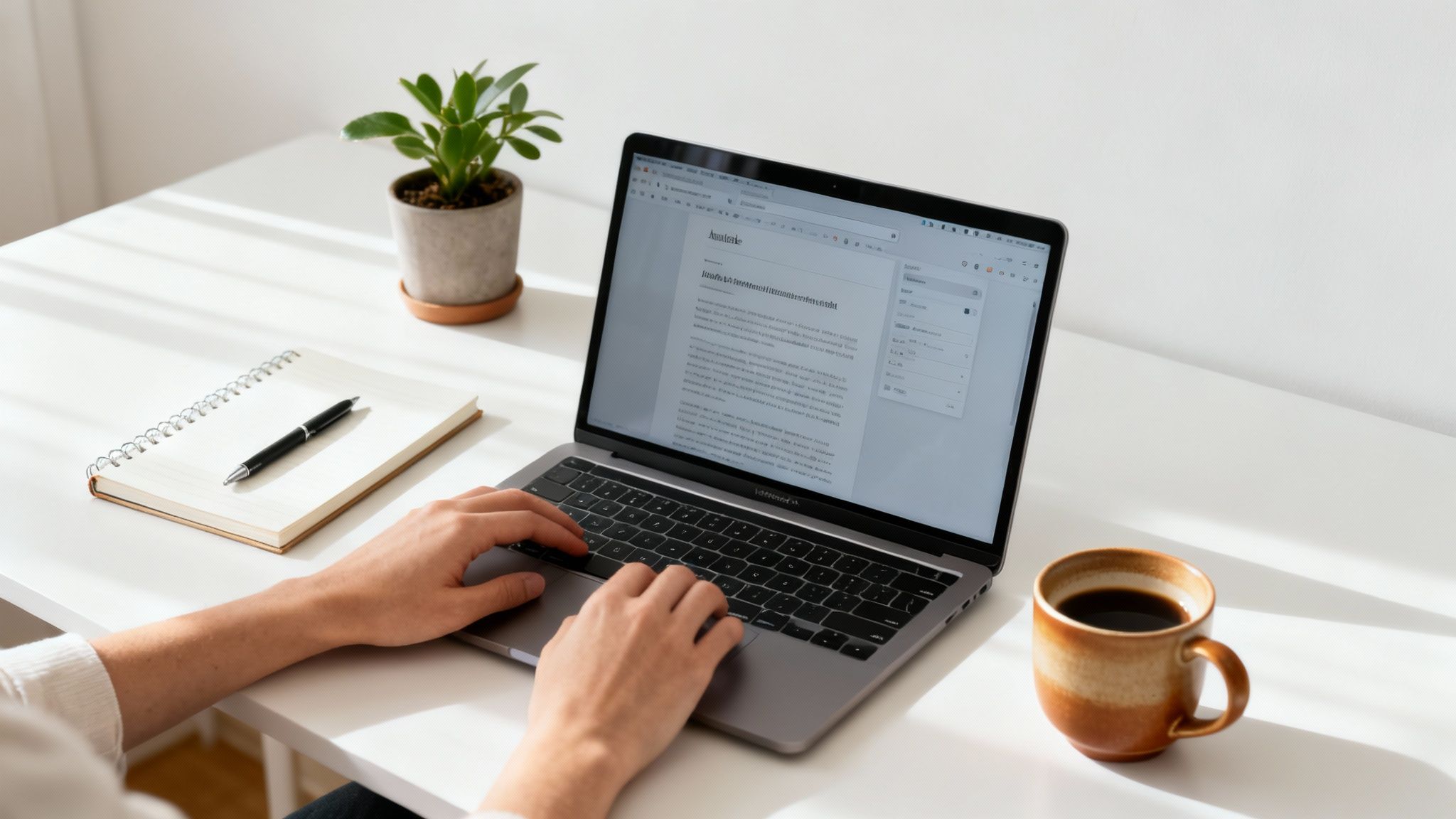 Person typing on a laptop at a clean white desk with a notebook, pen, plant, and coffee.
