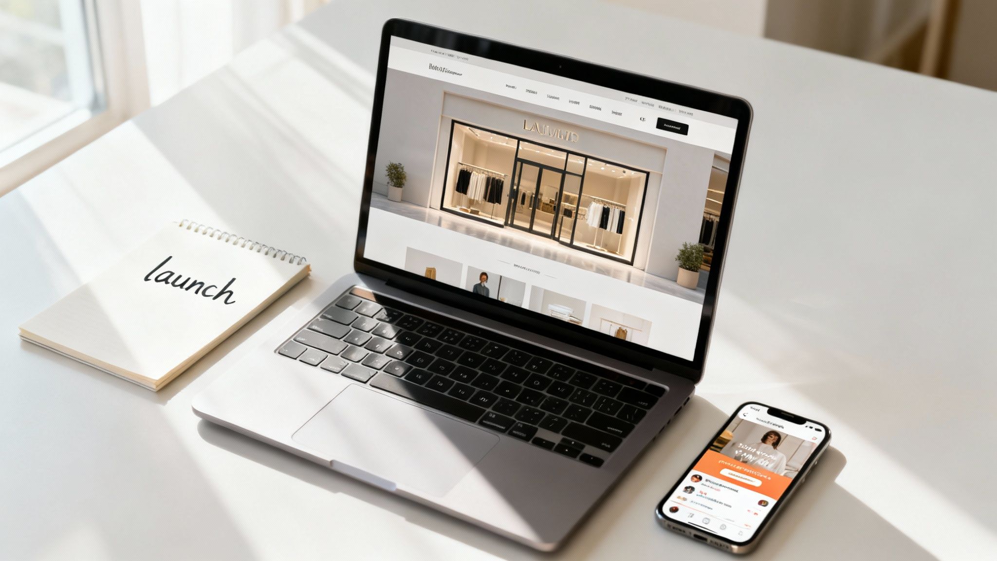 A modern workspace with a laptop showing an e-commerce website, a smartphone, and a notebook with 'launch' written on it.
