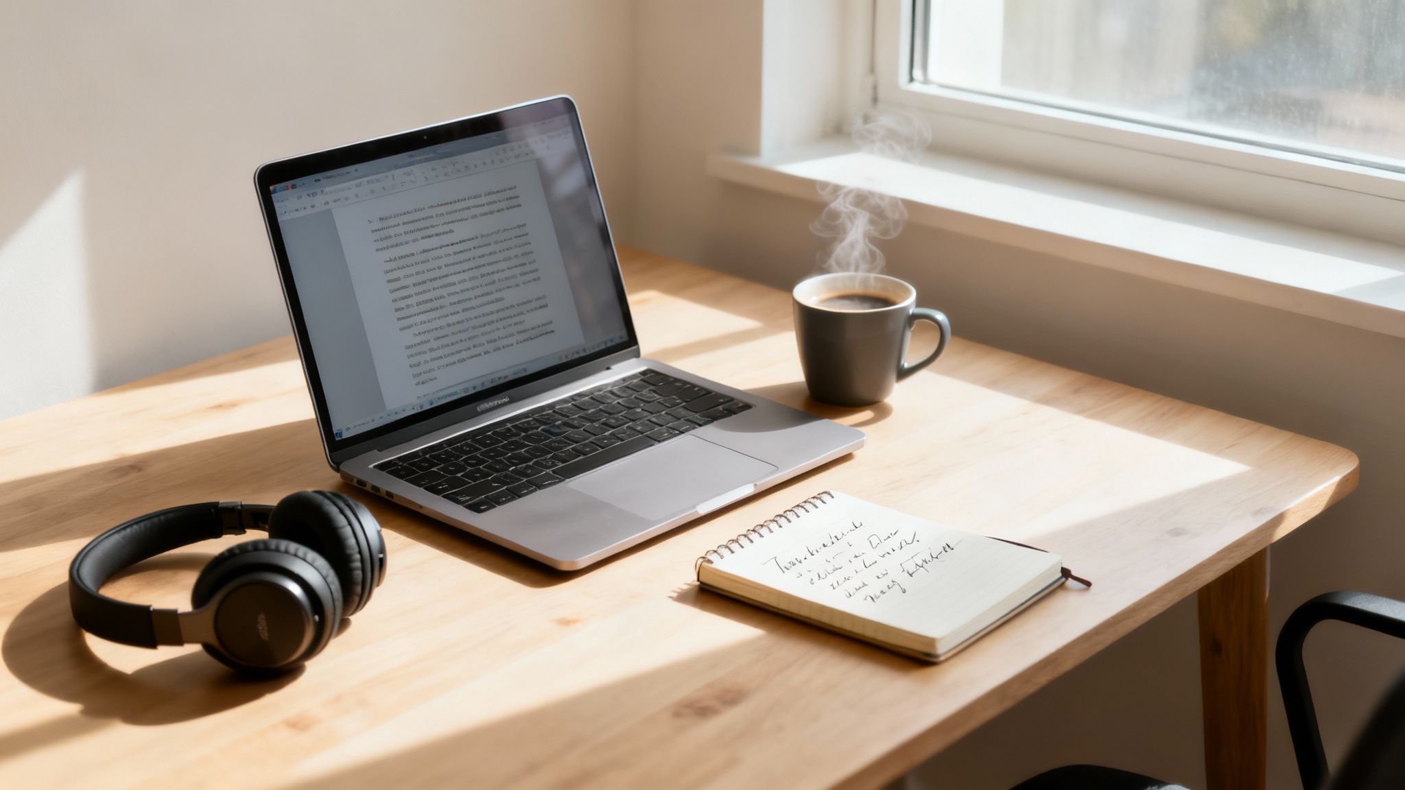 Laptop with notebook and coffee on wooden desk by window for remote work