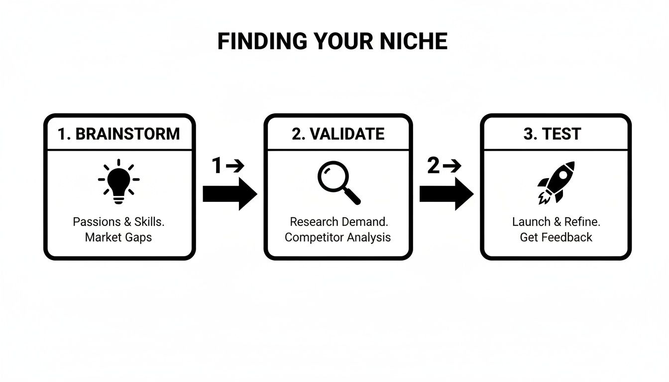 A step-by-step diagram illustrating how to find your niche: brainstorm, validate, and test.
