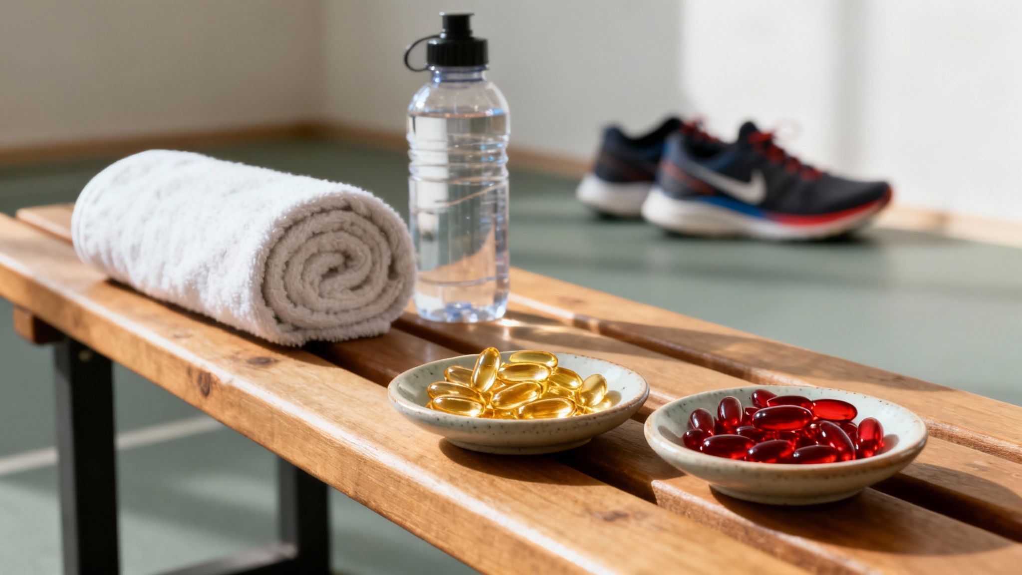 Workout bench with towel, water bottle, and bowls of golden fish oil and red krill oil capsules.