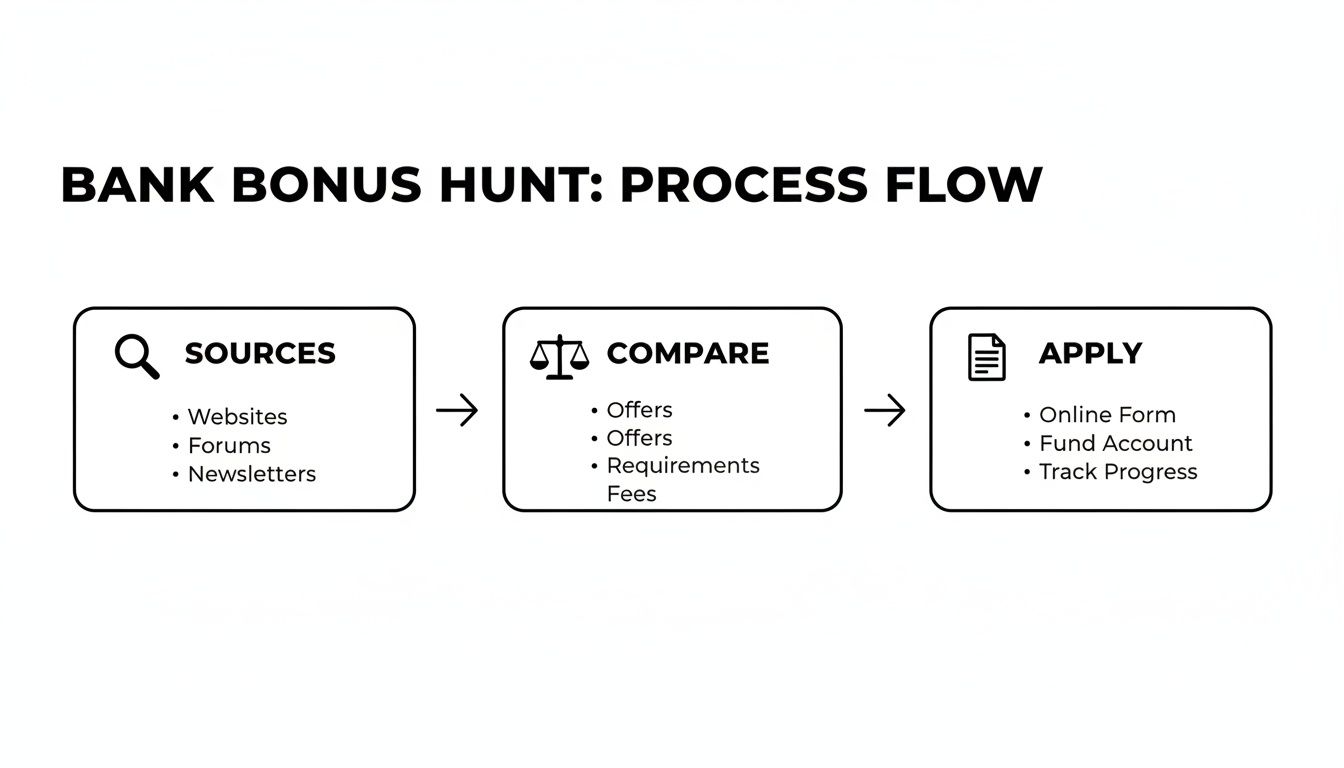 A process flow diagram illustrating the steps for a bank bonus hunt, including sources, comparison, and application.