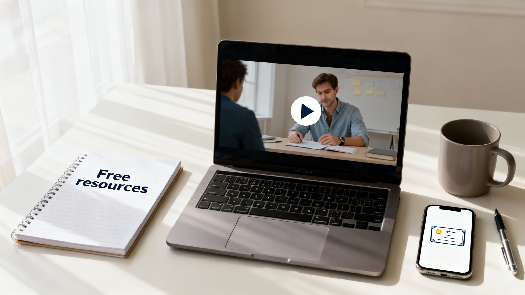 Desk with laptop displaying a virtual training session, a 'Free resources' notebook, coffee mug, and smartphone.