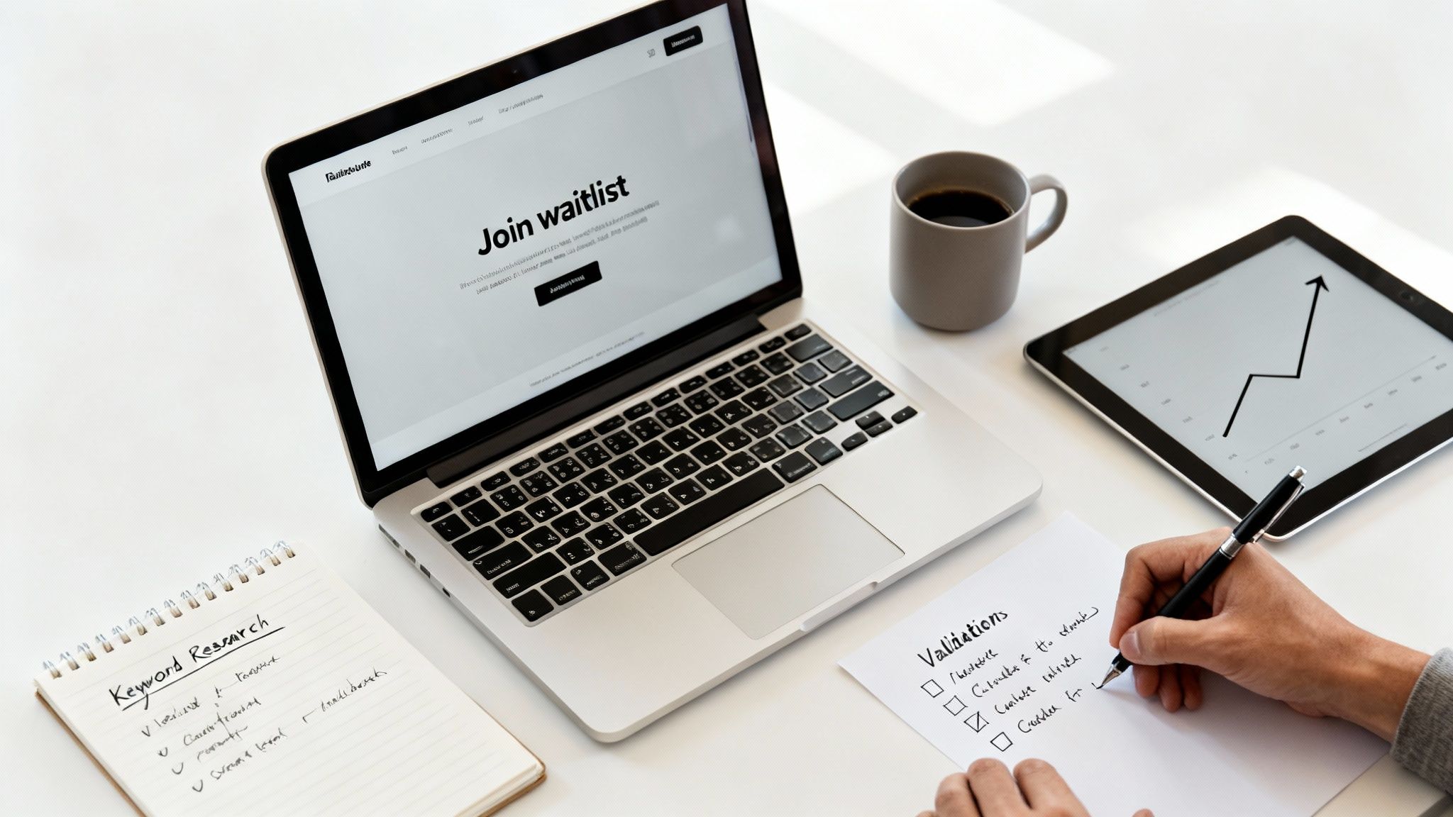 A desk setup with a laptop, tablet showing growth, coffee, and hands writing business plans.