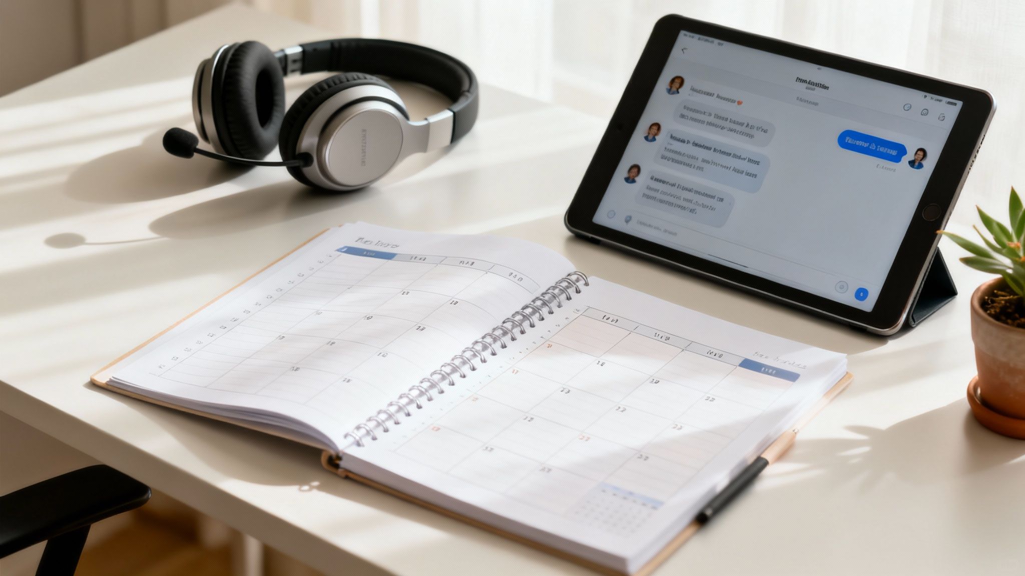 A home office desk with headphones, an open planner, and a tablet displaying messages.