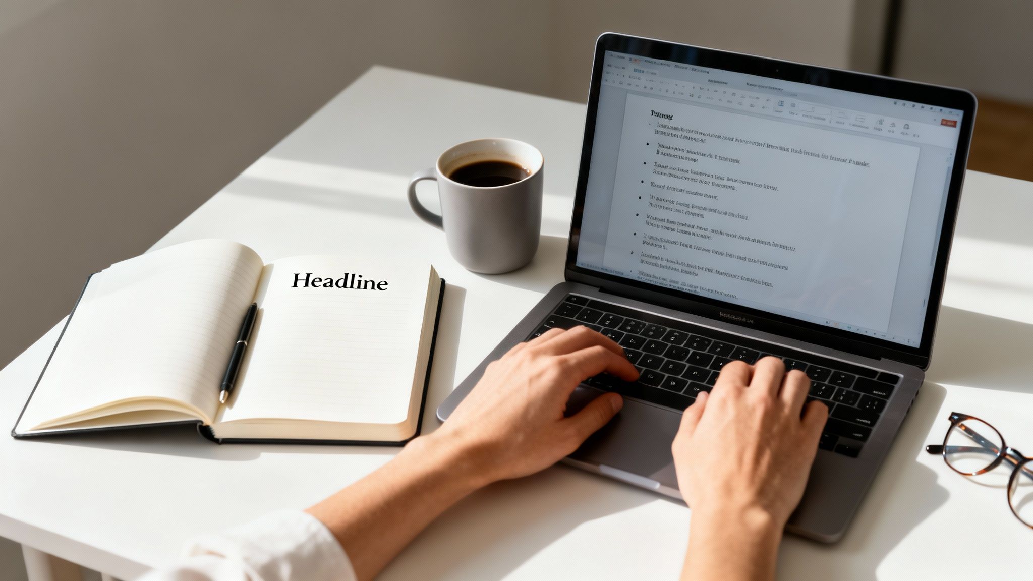 Close-up of a person typing on a laptop with an open notebook, coffee, and glasses on a white desk.