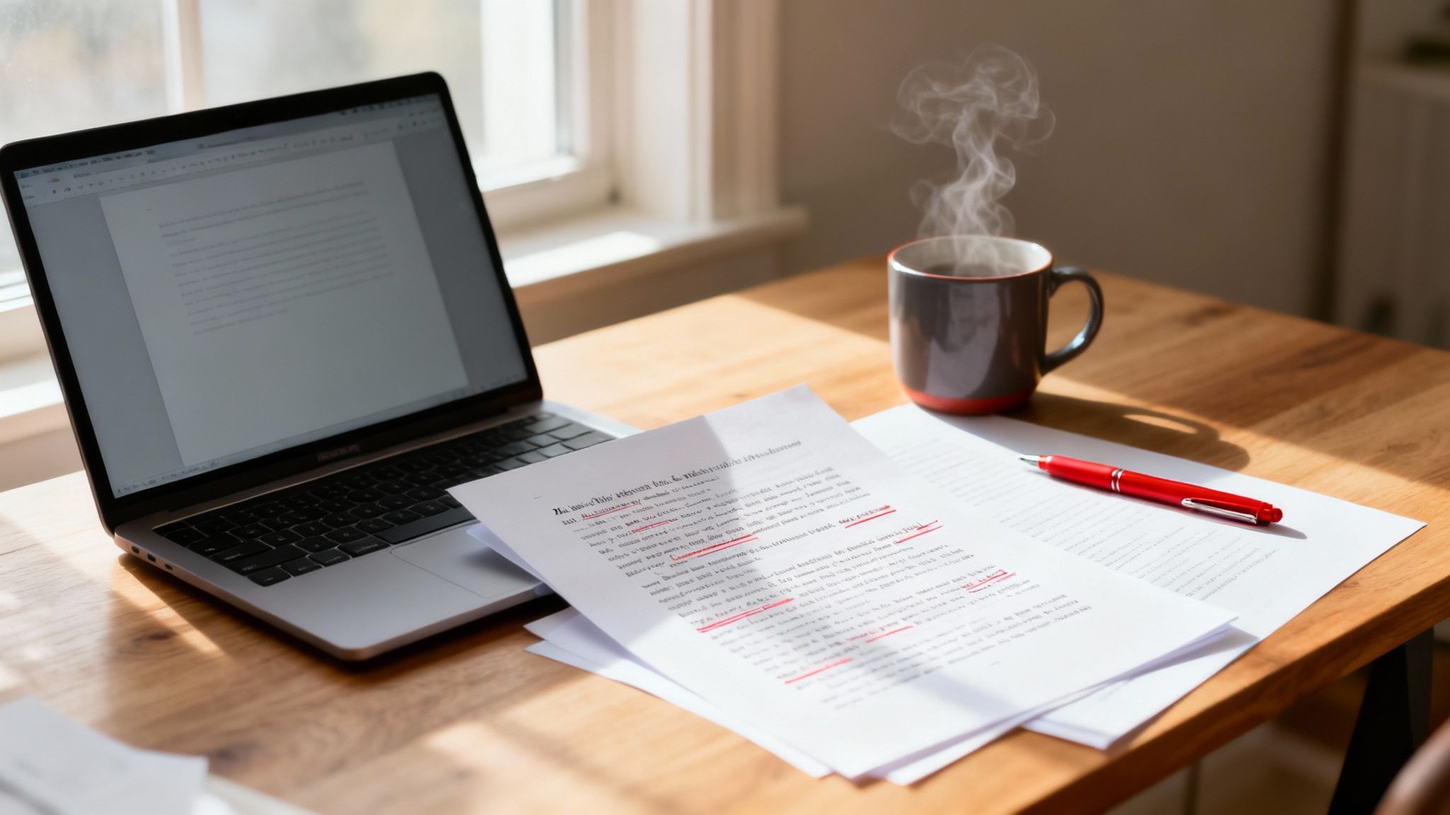 A laptop, steaming coffee, papers with red corrections, and a red pen on a wooden desk, suggesting home work.