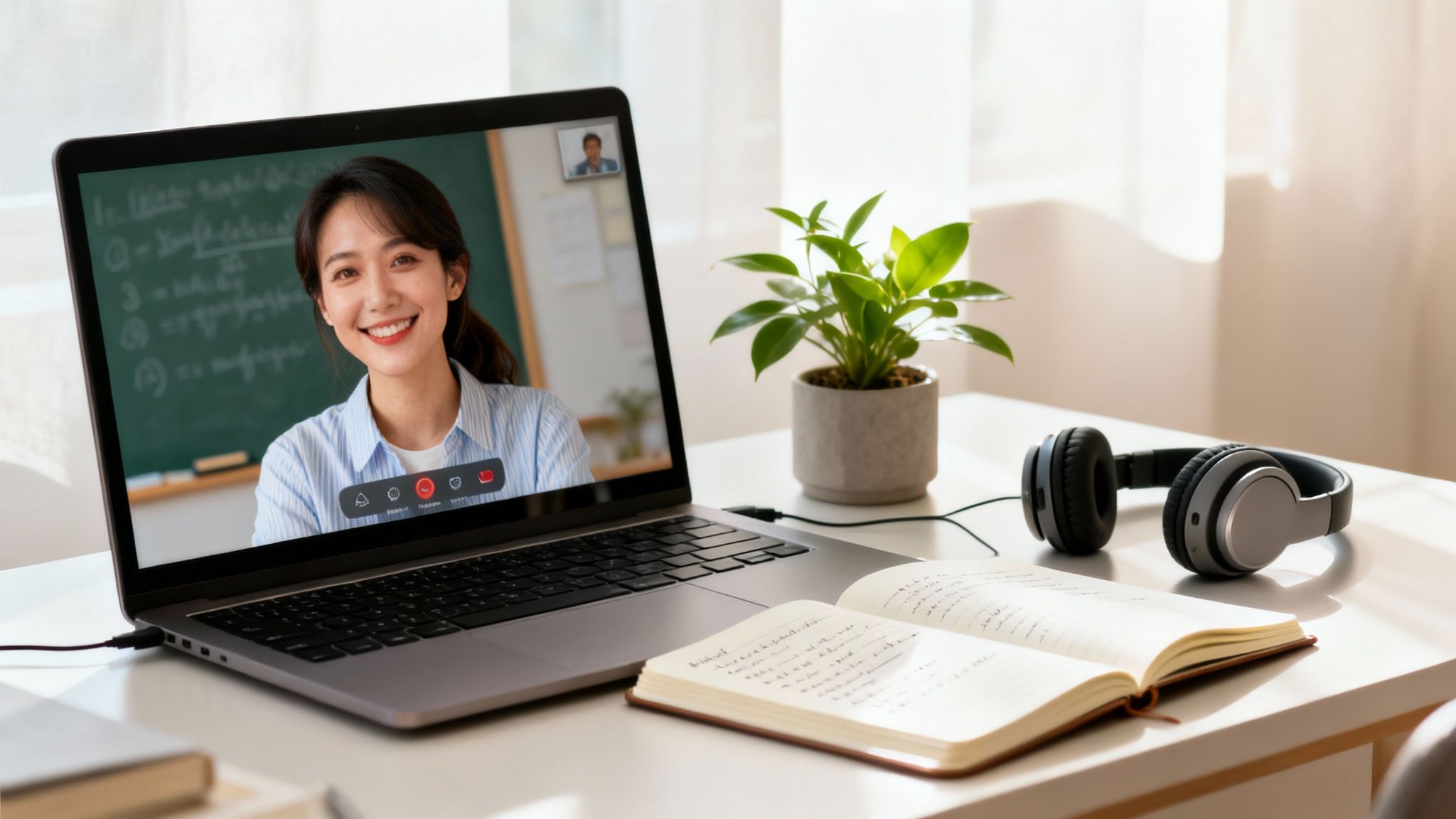 Smiling woman teaching online on a laptop, with a notebook, headphones, and plant on a desk.